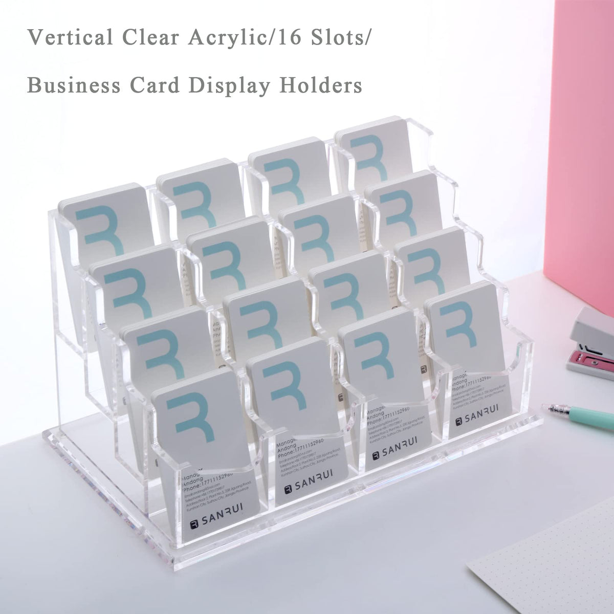 SANRUI Acrylic Vertical Business Card Holder for Desk, 4 Tier 16 Slot