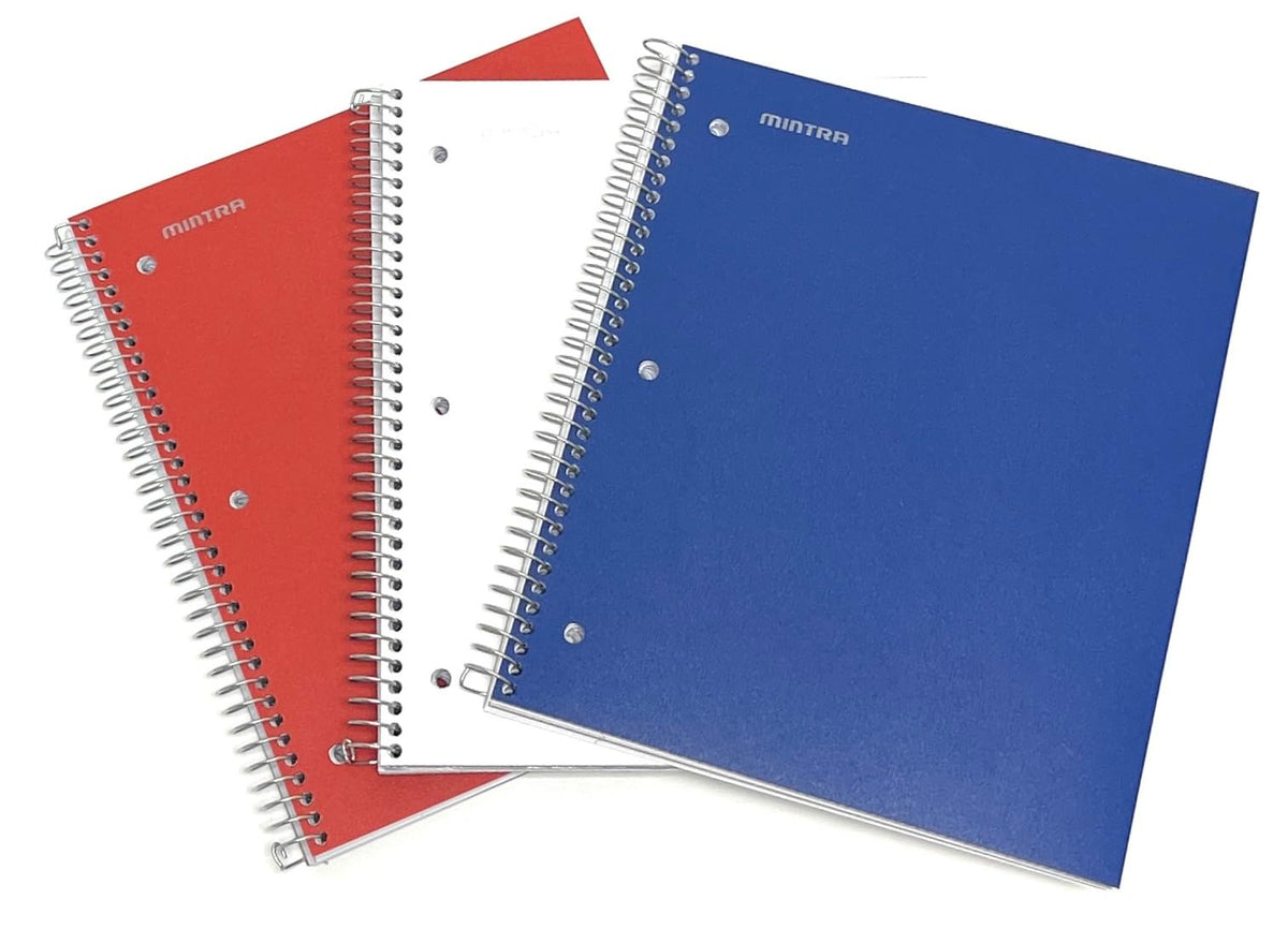 Mintra Office Durable Spiral Notebooks, 3 Subject (Red, White, Blue, College Ruled 3pk)