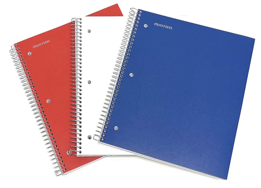 Mintra Office Durable Spiral Notebooks, 3 Subject (Red, White, Blue, College Ruled 3pk)