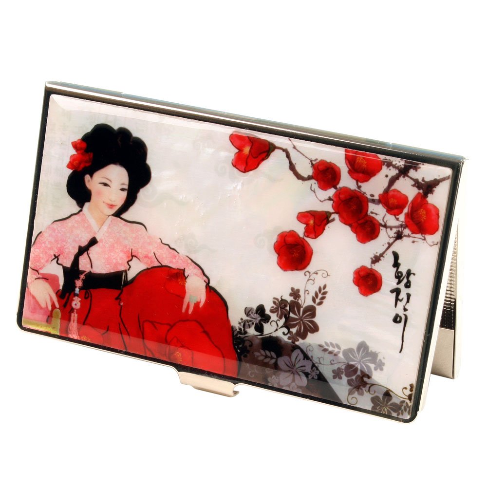 Antique Alive Mother of Pearl Korean Hanbok Woman Red Magnolia Flower RFID Blocking Protection