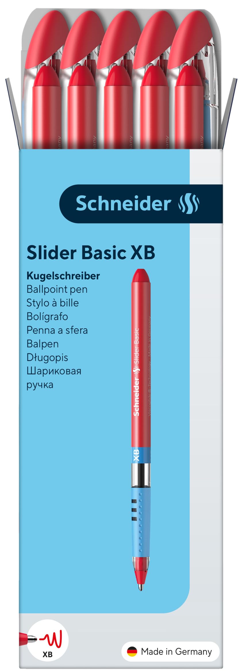 Schneider Slider Basic XB (Extra Broad) Ballpoint Pen, 1.4 mm, Light Blue Barrel, Red Ink, Box of
