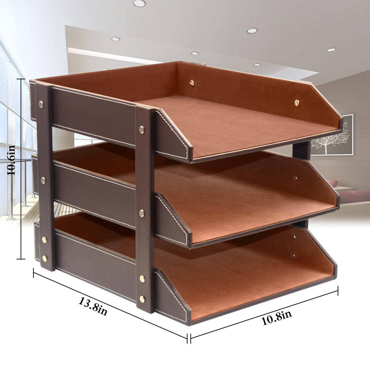 Very Sturdy 3 Tier Leather Desk File Rack for Office Supplies/Stationery/Folder,Stackable Letter