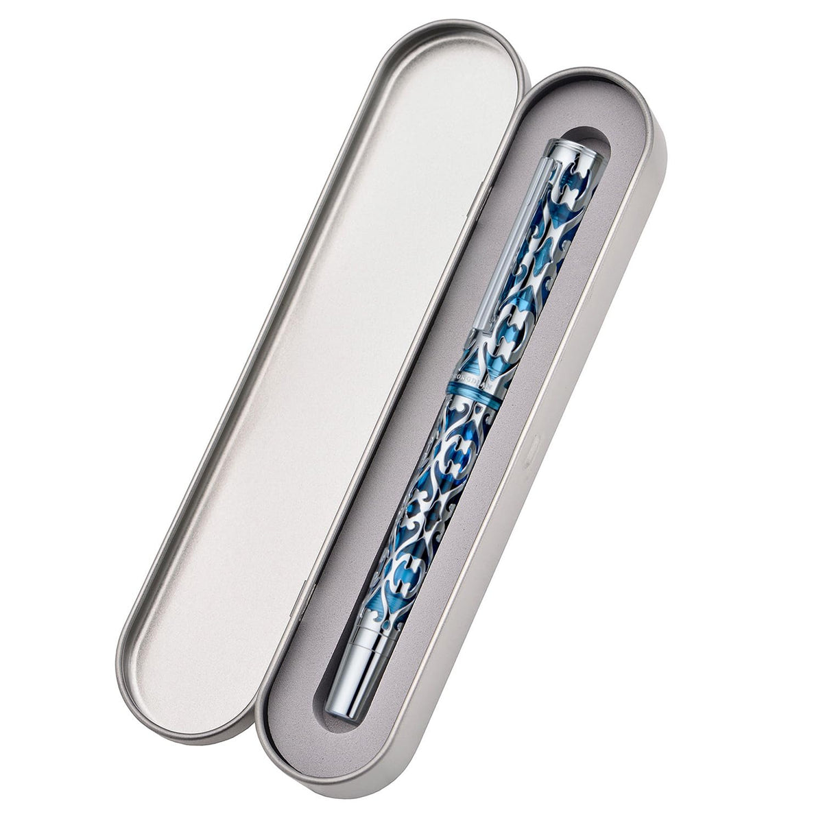 HONG DIAN D1 Piston Fountain Pen Fine Soft Nib, Silver Blue Hollow Skeleton & Resin Pen with Metal