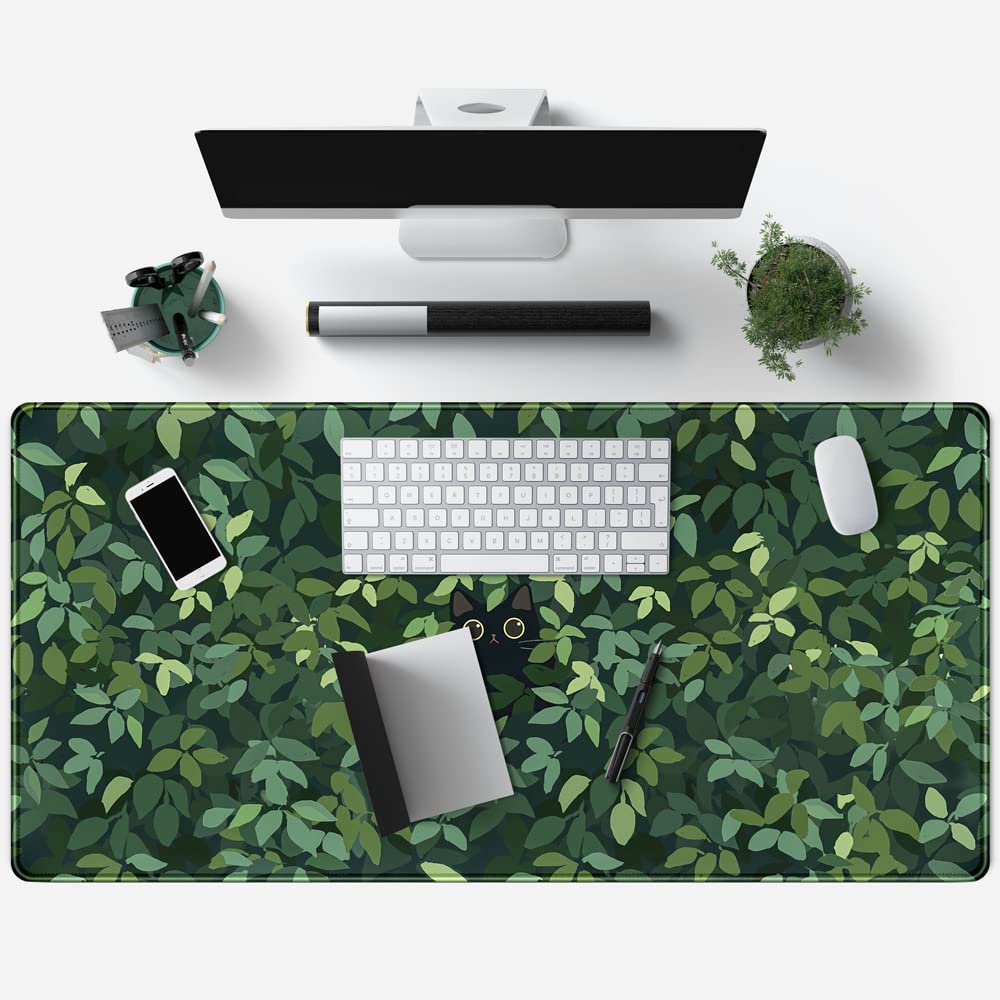 Cute Cat Desk Mat Kawaii Green Desk Pad - Large Gaming Mouse Pad Laptop Mat