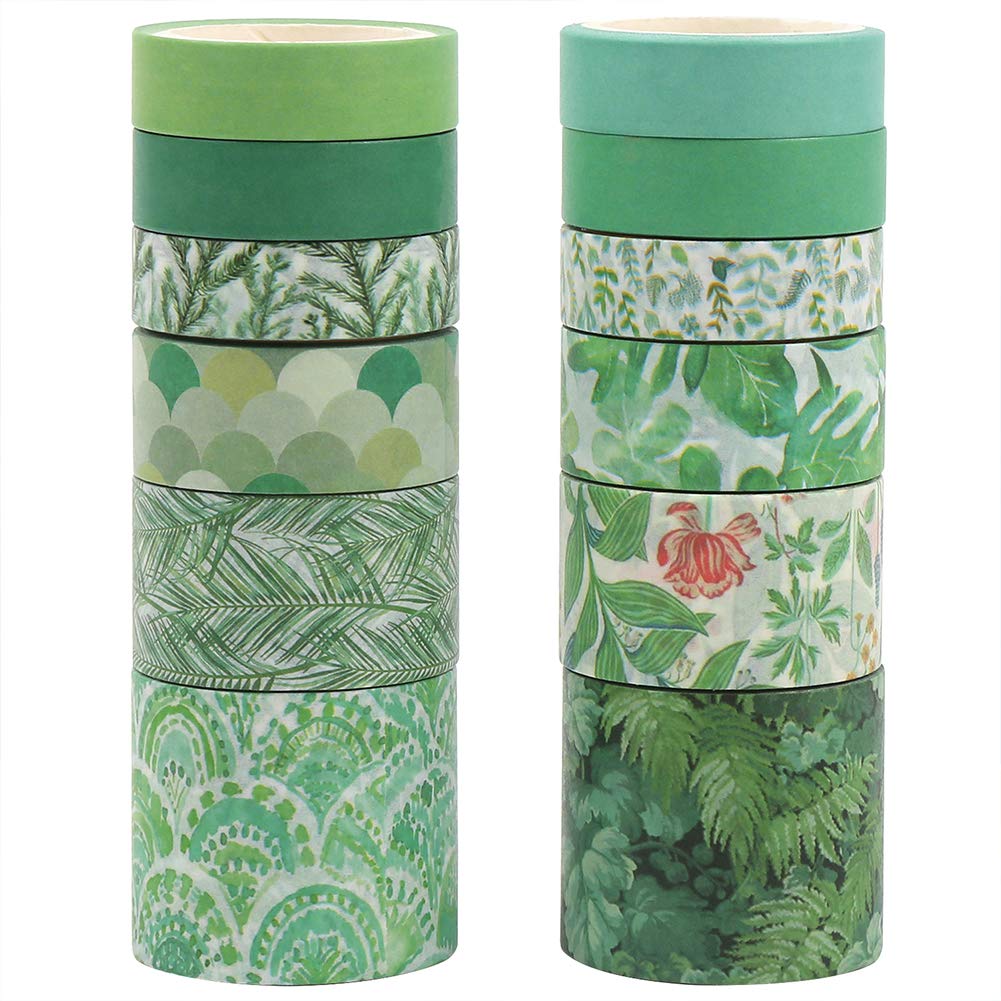 CCINEE 12 Rolls Green Washi Tape Set,Tropical Greenery Leaves Masking Tape for Bullet Journal