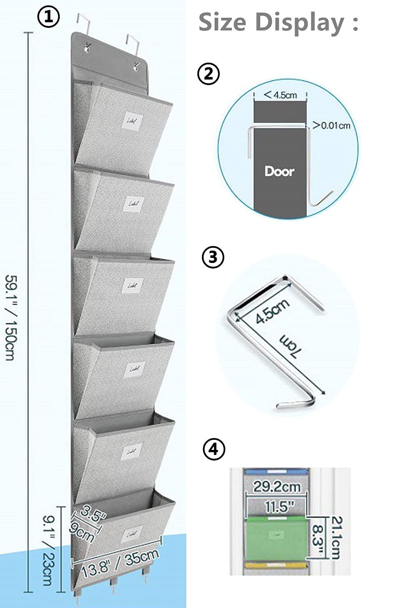 Geodurn Over The Door File Organizer - 6 Extra Large Pockets Hanging Wall Mounted Storage Files