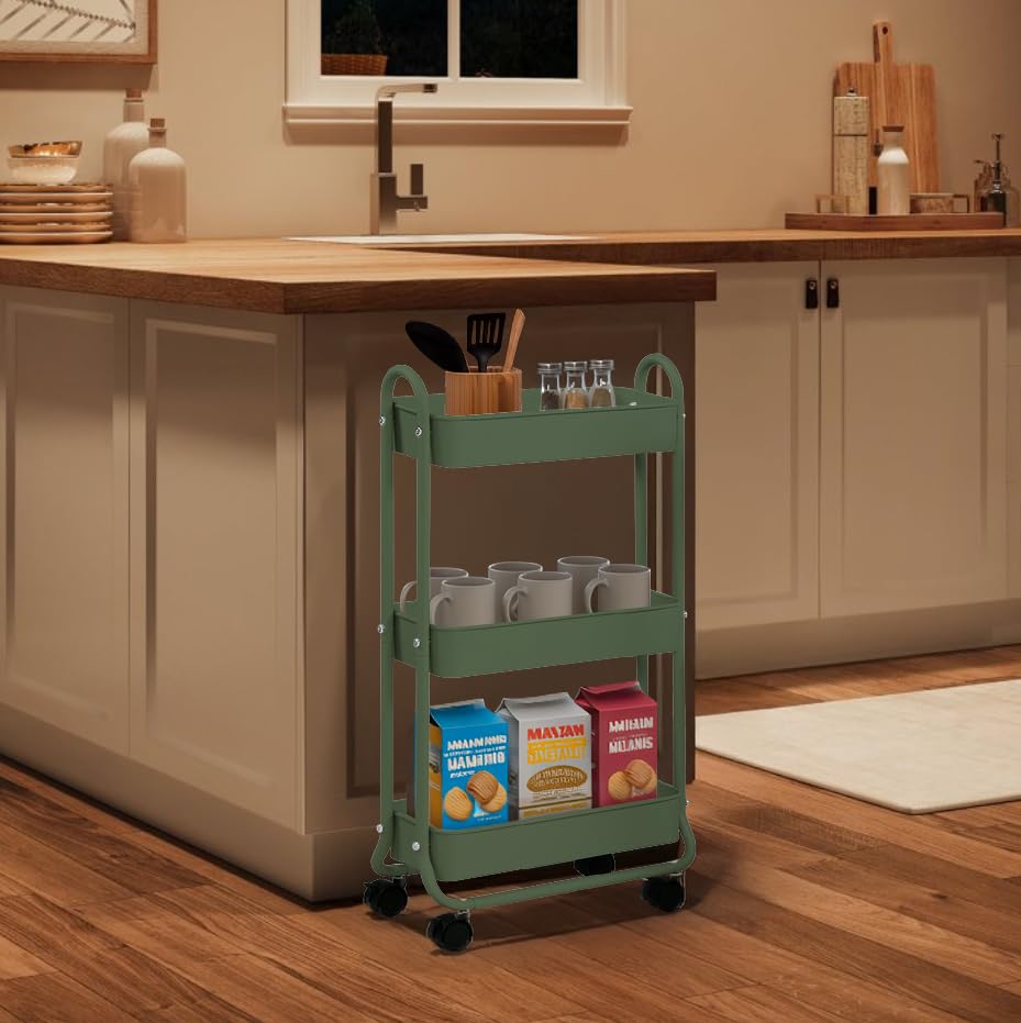 SunnyPoint Slim Rolling Storage Cart, 3 Tier Bathroom Storage Organizer Bathroom, Laundry Utility
