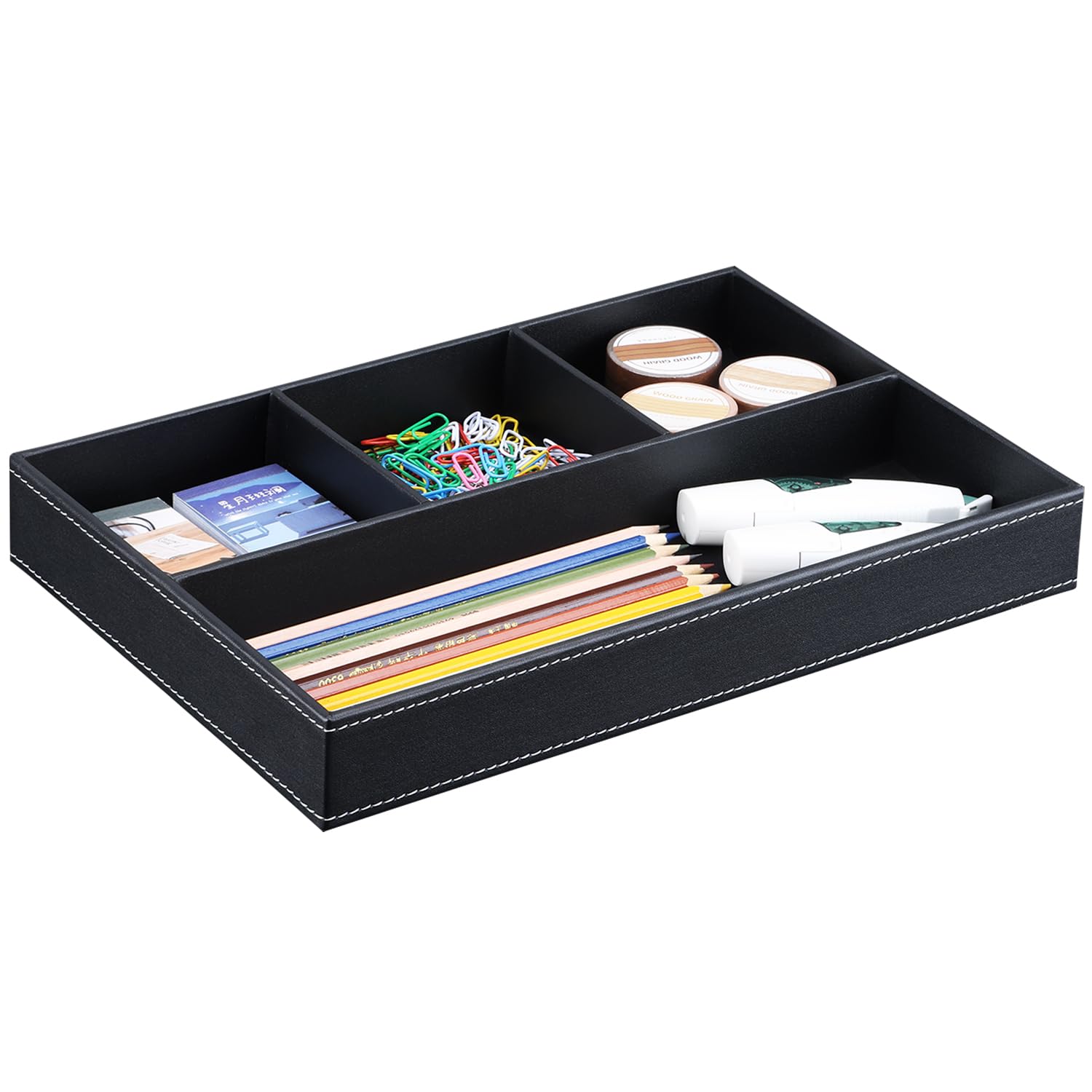 KINGFOM Pu Leather Desk Organizer Tray, 4 Compartment Office Storage Supplies Stationery Drawer
