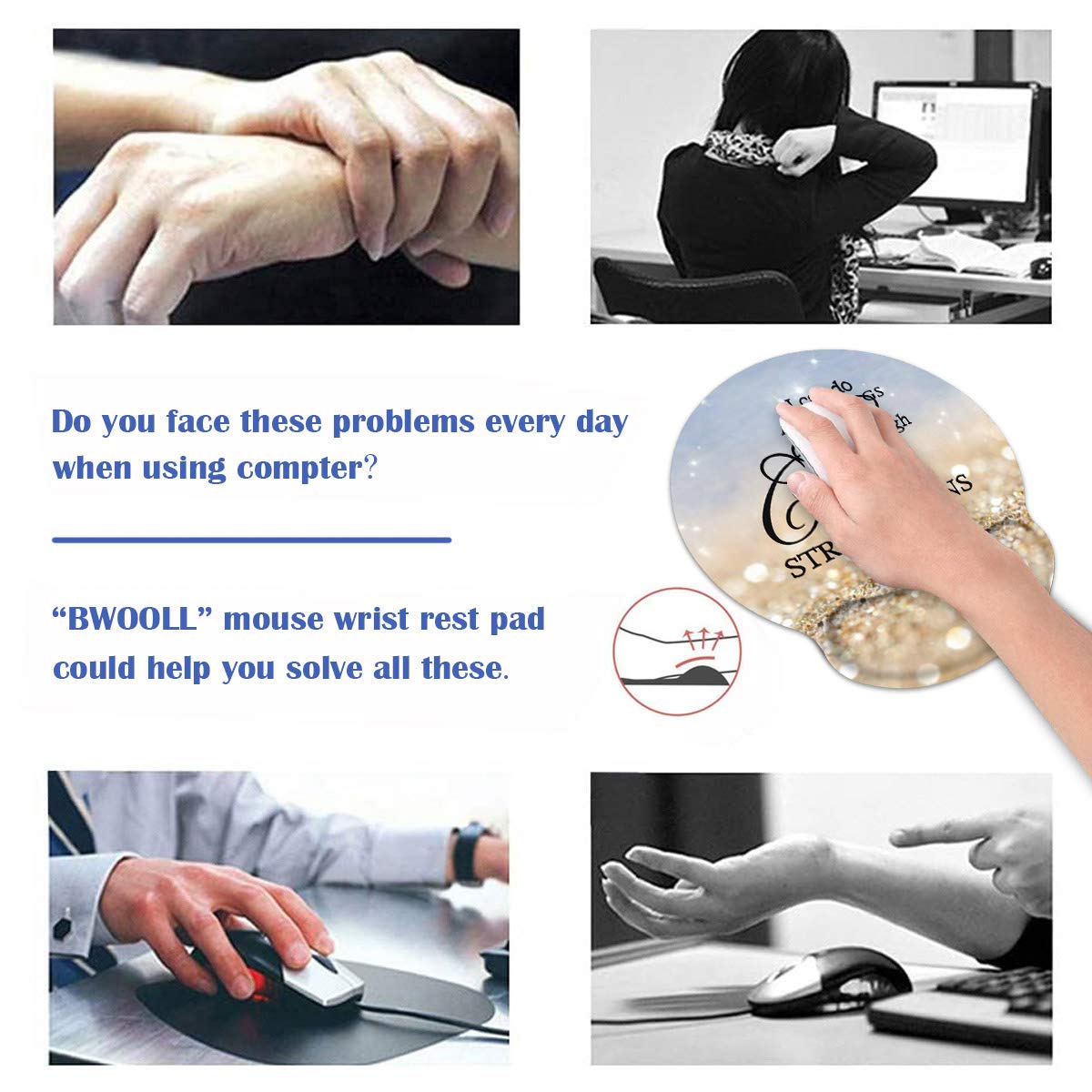 Ergonomic Mouse Pad Wrist Support and Coasters Set, Cute Wrist Rest Pad with Non-Slip PU Base for