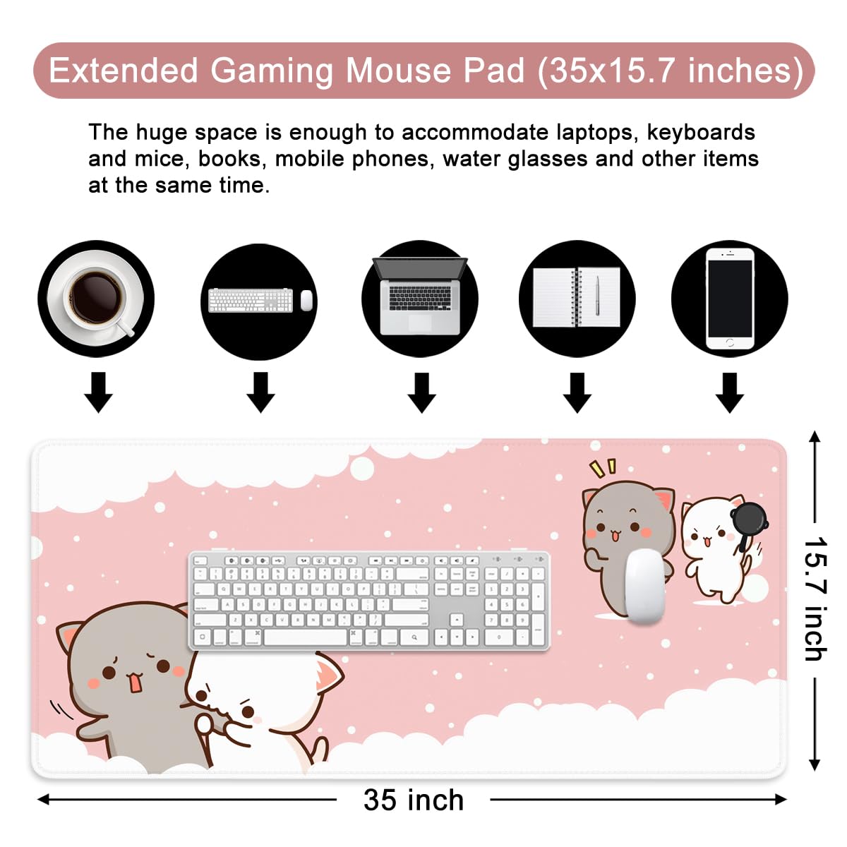 Pink Large Gaming Mouse Pad Cat Desk Pad XXL Cute Mouse Mat 35x15.7x0.12 inch Desk Accessories