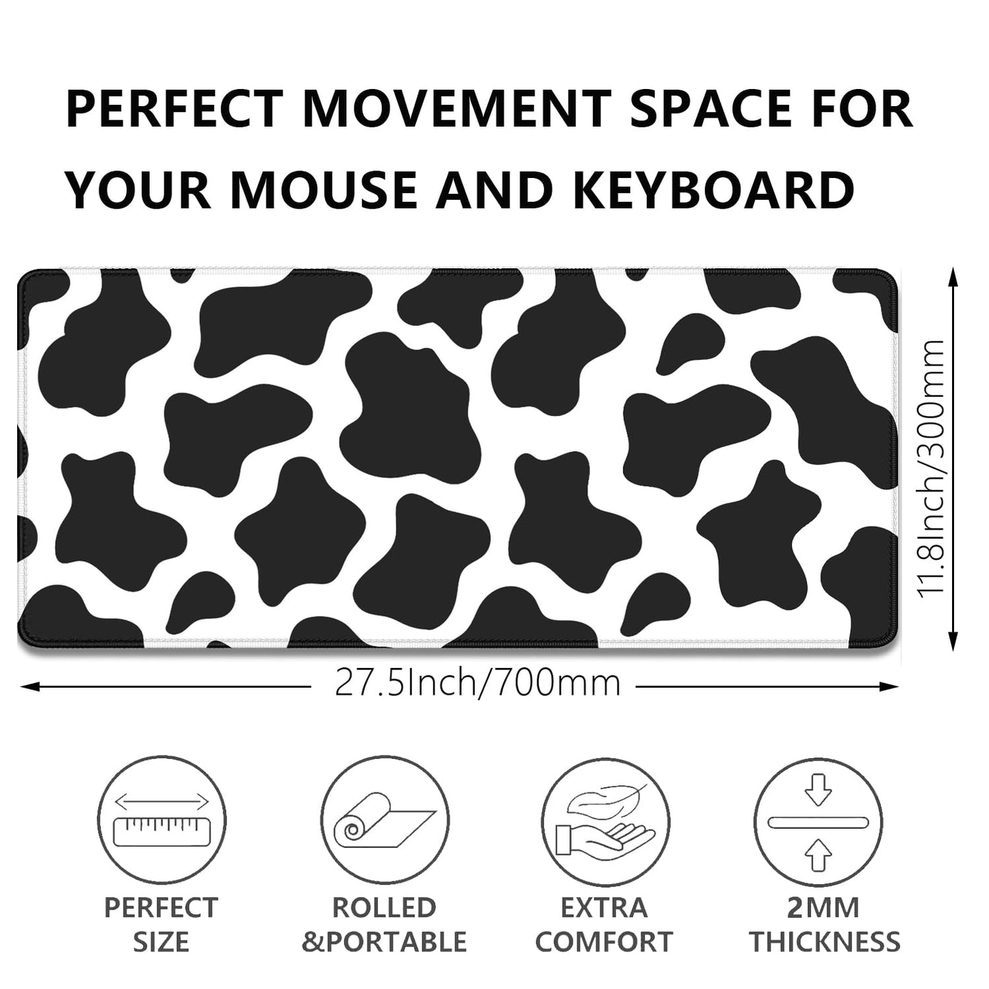 Cow Print Desktop Mouse Pad,Desk Mouse Mat with Non-Slip Stitched Edges,Desk Pad Mouse Pad for