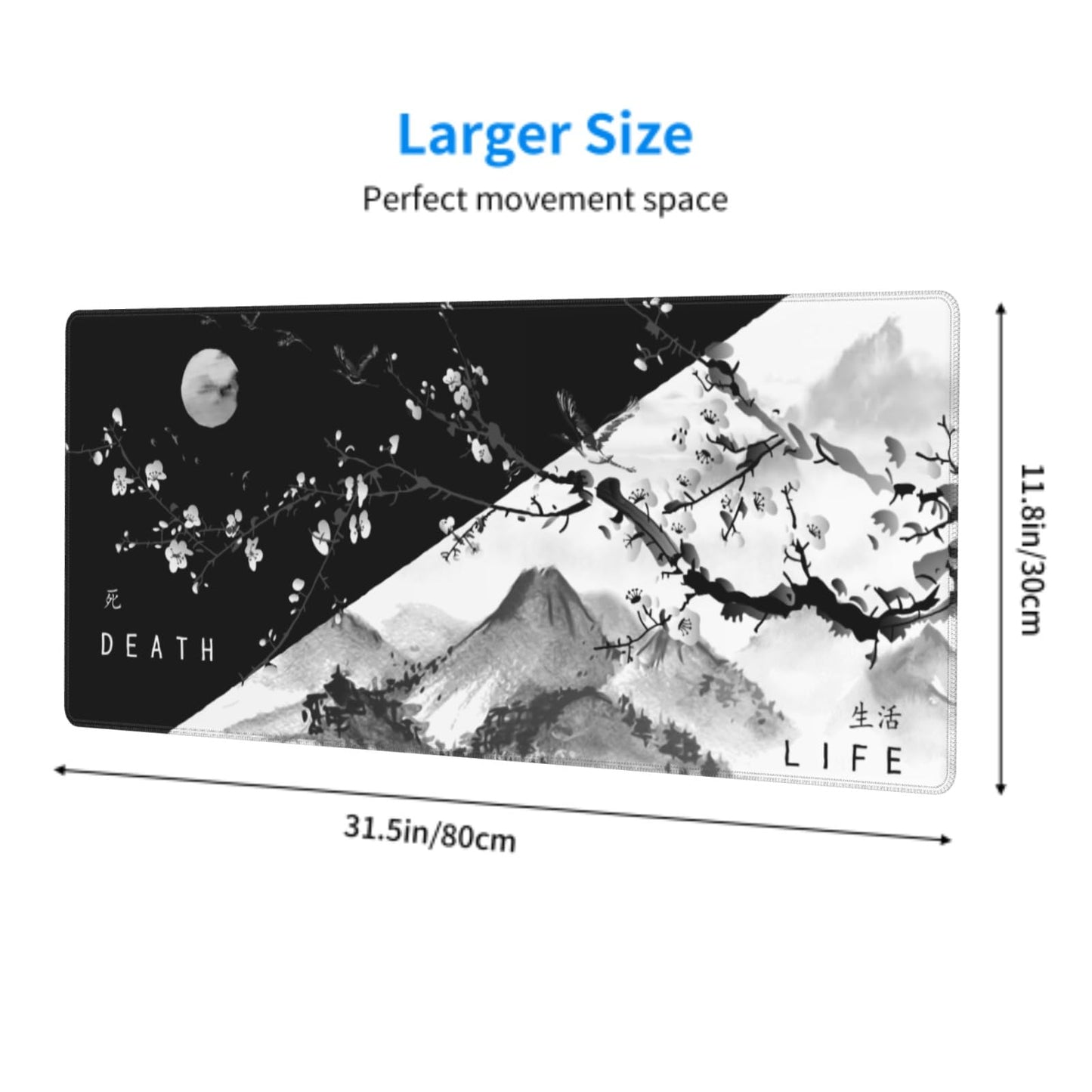 Black White Japanese Cherry Blossom Gaming Mouse Pad 31.5 x 11.8 Inch XL Pink Sakura Cool Design