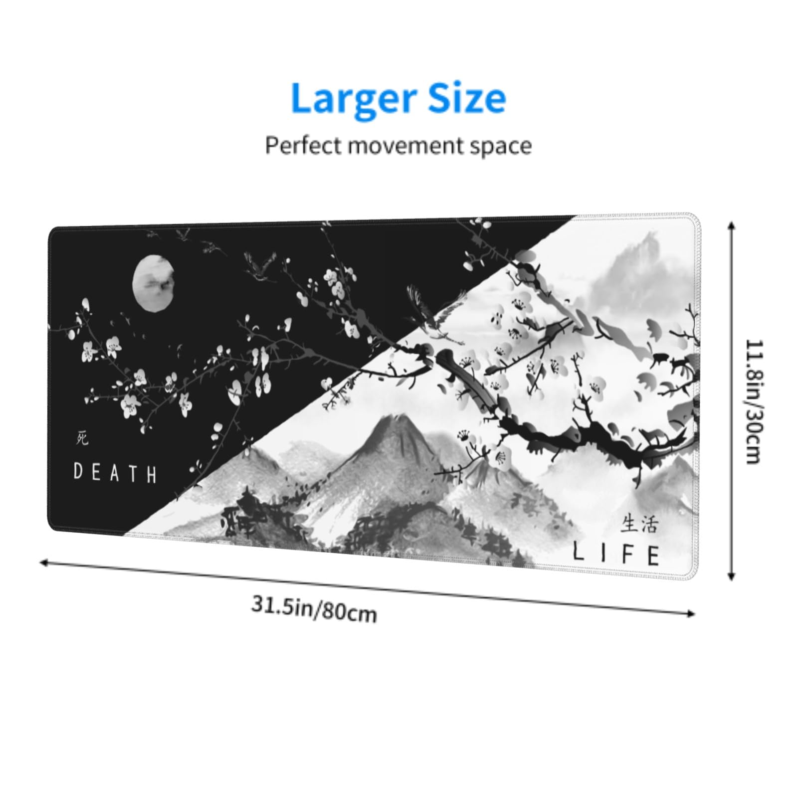 Black White Japanese Cherry Blossom Gaming Mouse Pad 31.5 x 11.8 Inch XL Pink Sakura Cool Design
