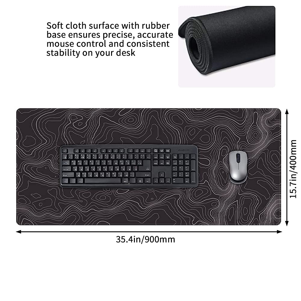 keepcute Black Topographic Desk Mat, Large Gaming Mouse Pad 35.4x15.7in