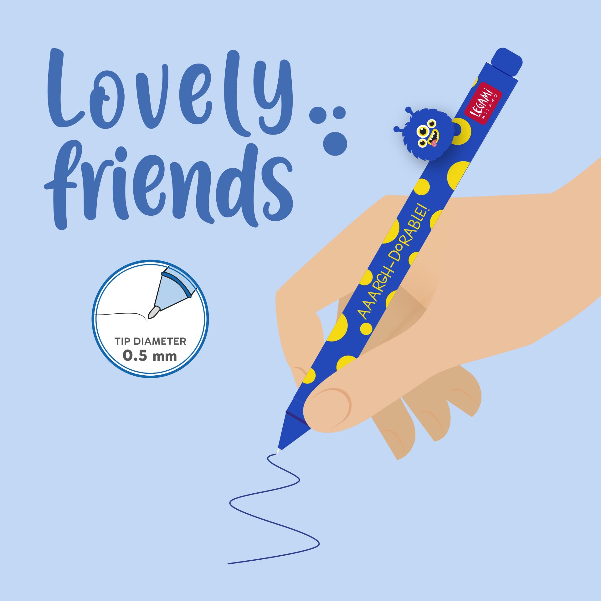 Legami - Gel Pen with Decorative Animal - Lovely Friends, Monster Theme, Avoid Rolling, Blue Ink
