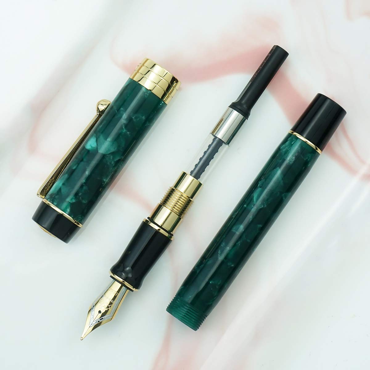 Jinhao 100 Fountain Pen Classic Style Green Acrylic, Fine Point with Converter and Gold Trim Pen