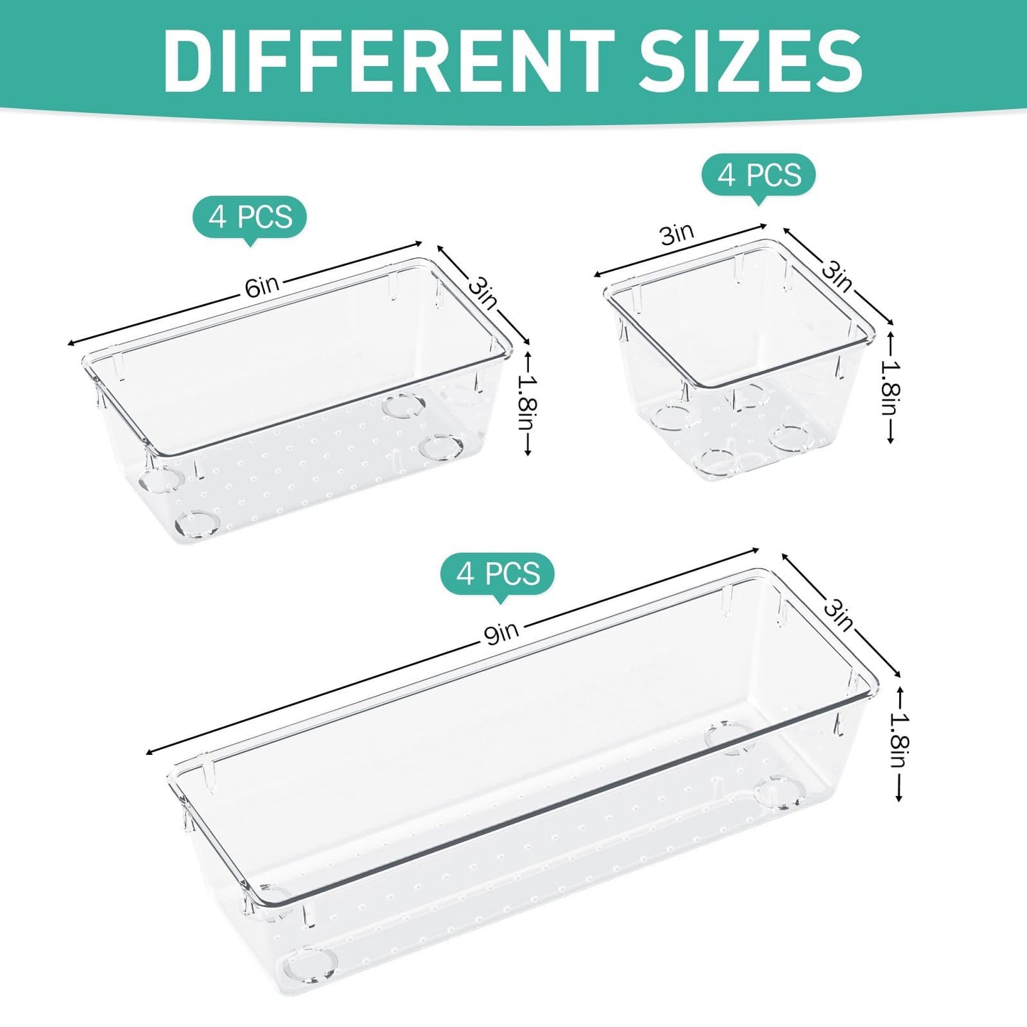 12 Pack Clear Drawer Organizer Set, Drawer Storage Trays, Storage Bins