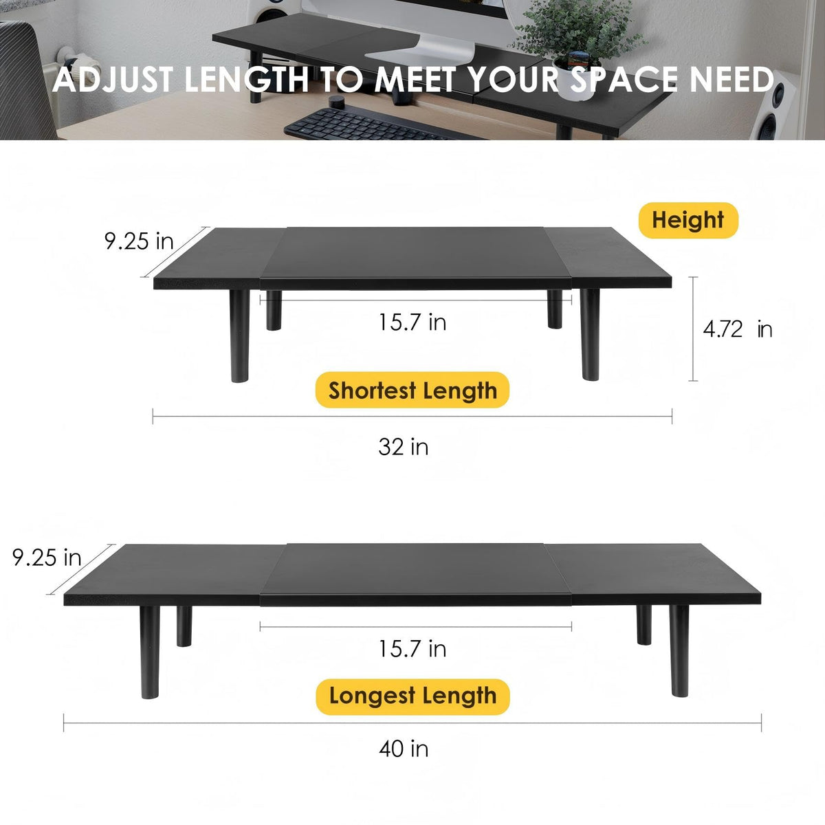 Across-Star Dual-Monitor-Stand-Riser-For-Desk Adjustable Length 32-40 Inch，Large Desktop Computer