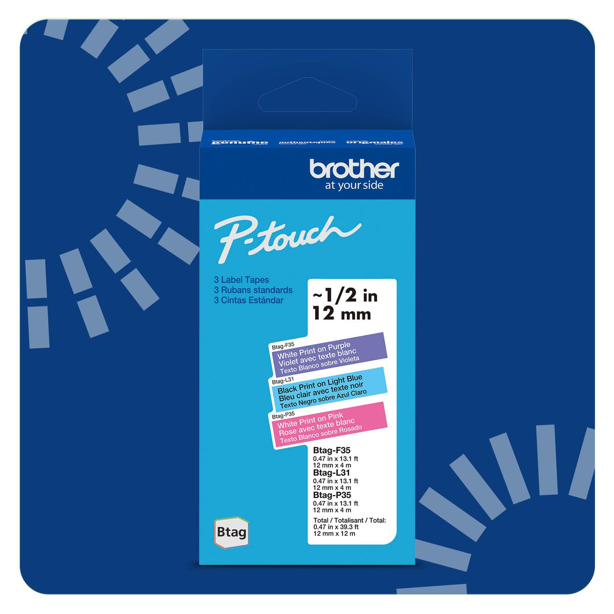 Brother Genuine P-Touch Btag Label Tape, BTAG3M02, 0.47 in by 13.1 ft, White on Purple, Black on