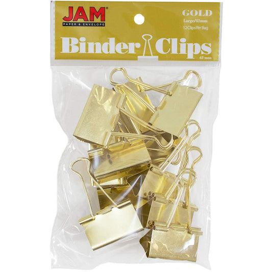JAM PAPER Colorful Binder Clips - Large - 1 1/2 Inch (41 mm) - Gold Binderclips - 12/Pack