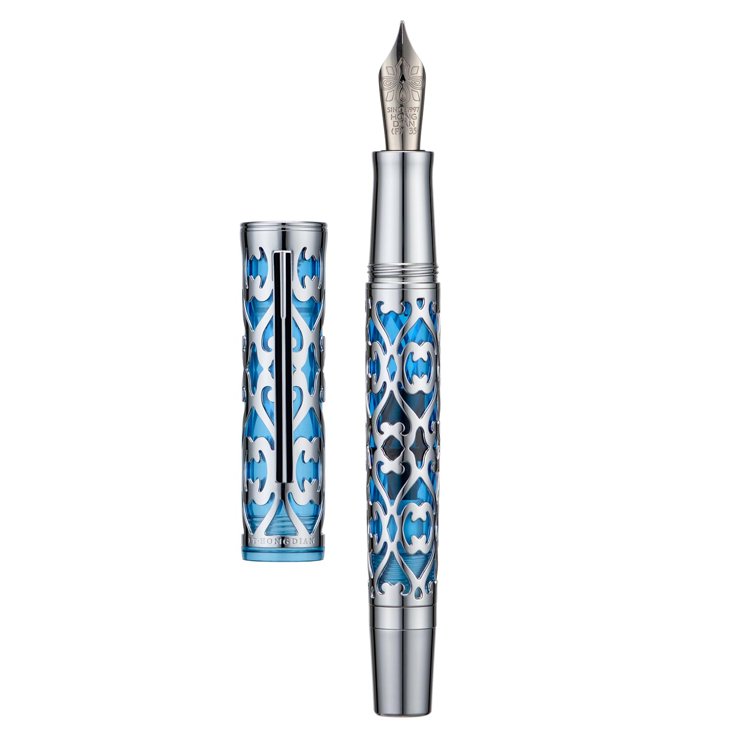 HONG DIAN D1 Piston Fountain Pen Fine Soft Nib, Silver Blue Hollow Skeleton & Resin Pen with Metal