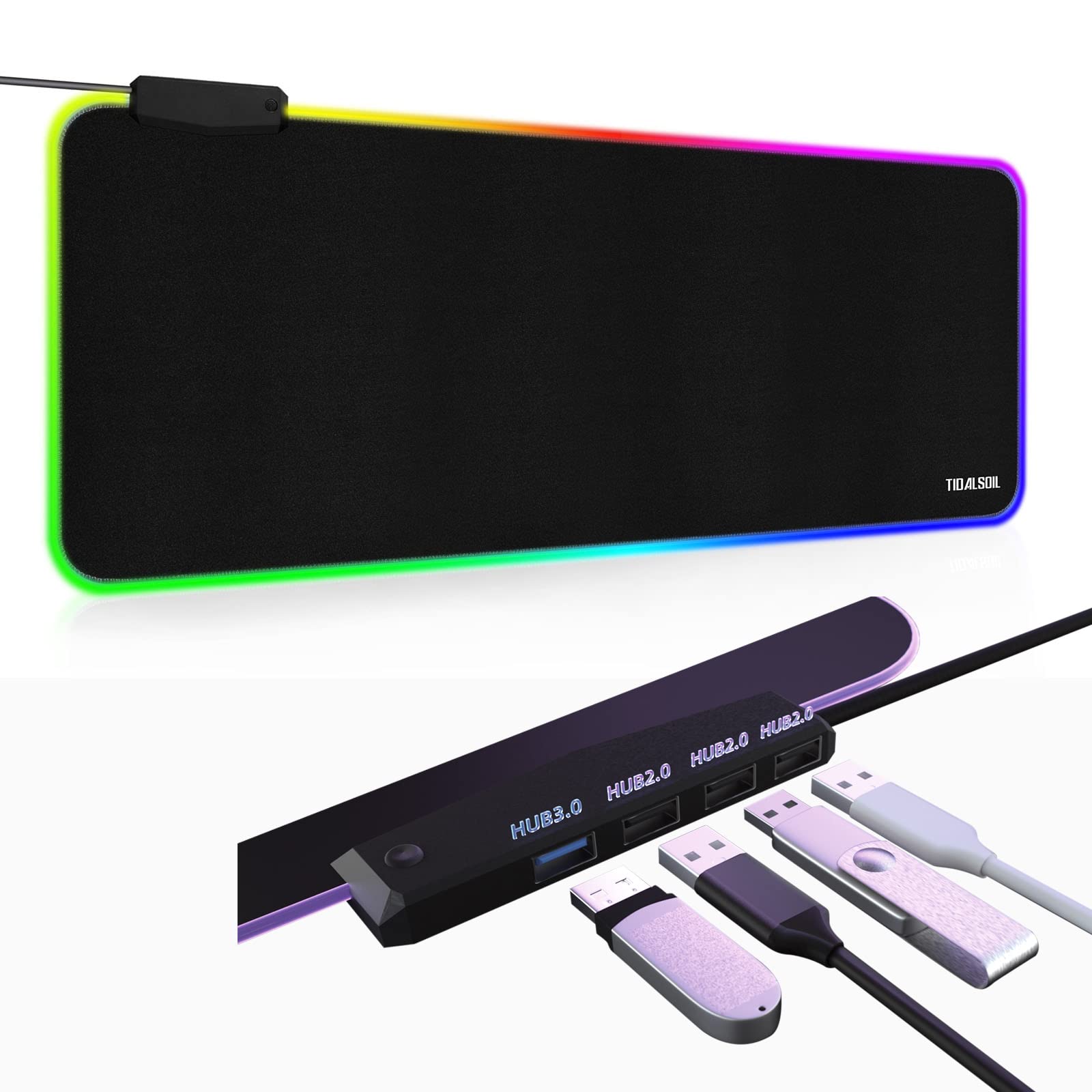 TIDALSOIL RGB Gaming Mouse Pad with 4-Port USB Hub, 31.5x11.8 in Desk Mat