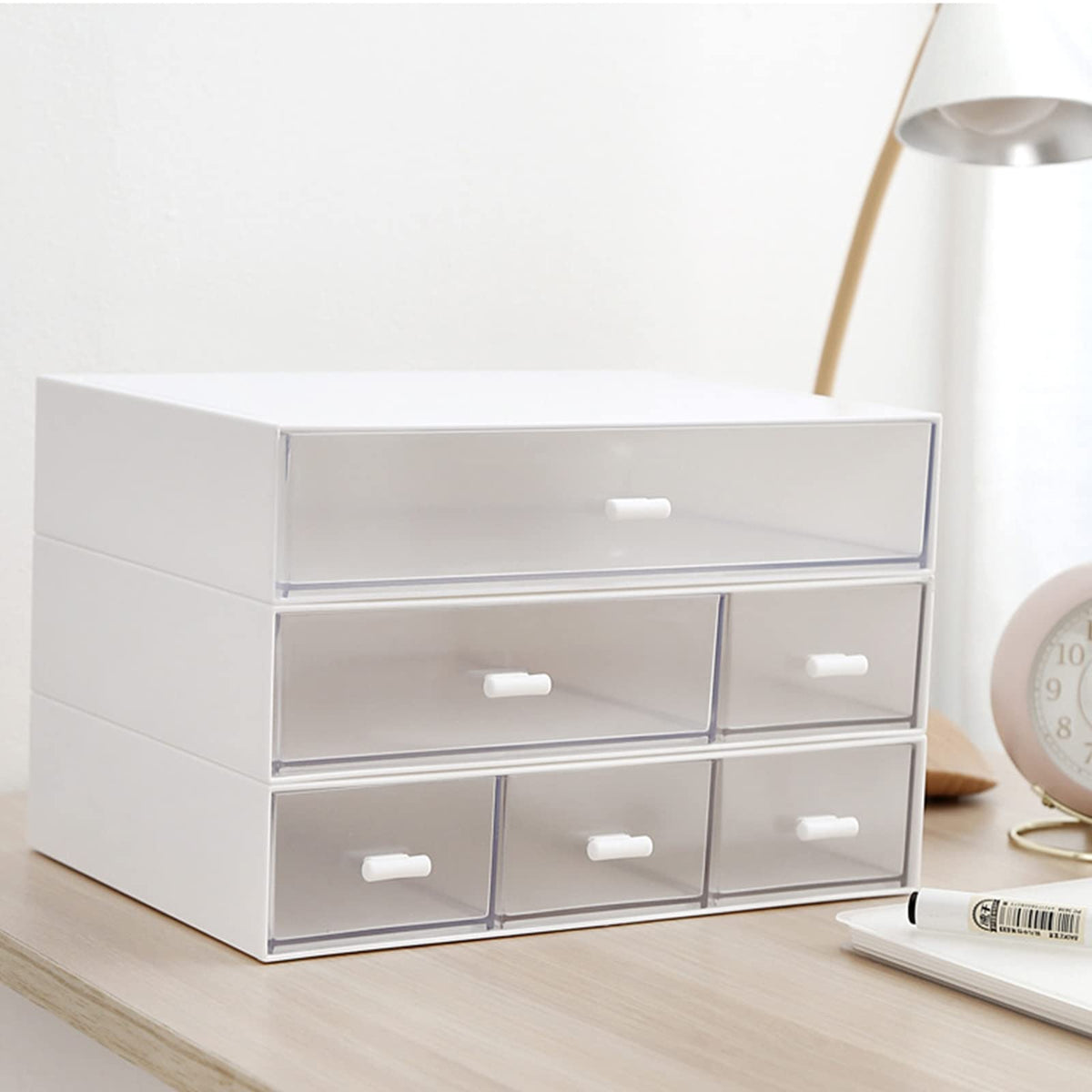 Desk Organizer-3 Tier Stackable Storage Drawers with 6 Compartments White Compact Desk Storage