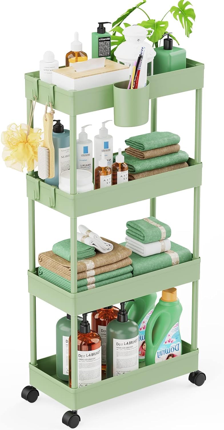 LEHOM Slim Rolling Storage Cart - 4 Tiers Bathroom Organizer Utility Cart