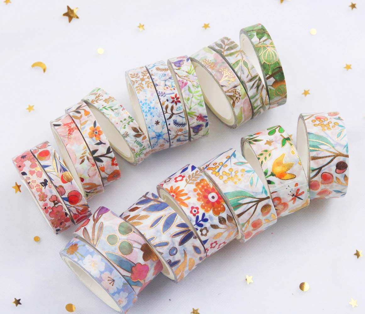 YUBBAEX Floral Gold Washi Tape Set VSCO Foil Masking Tape Decorative for Arts, DIY Crafts, Journal