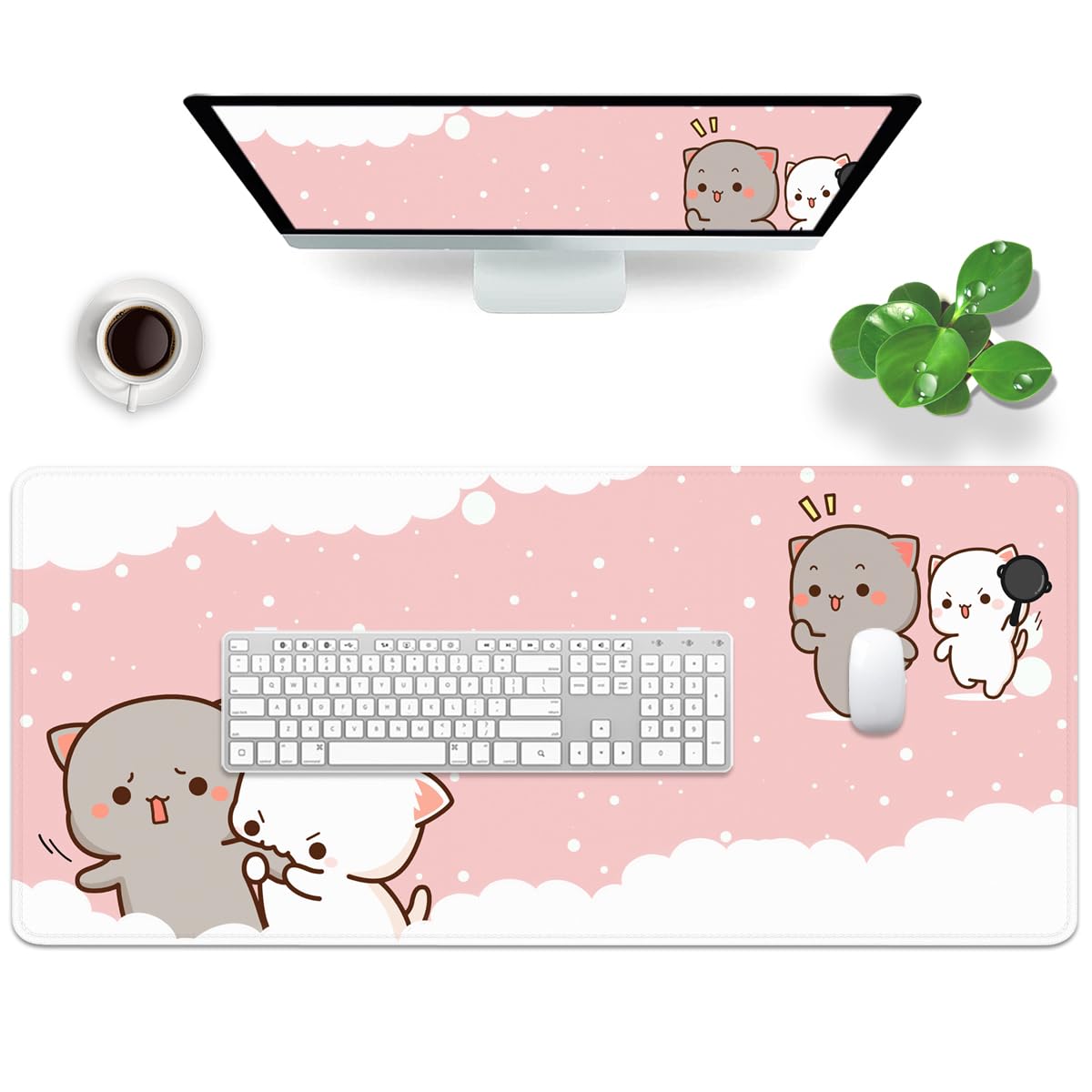 Pink Large Gaming Mouse Pad Cat Desk Pad XXL Cute Mouse Mat 35x15.7x0.12 inch Desk Accessories
