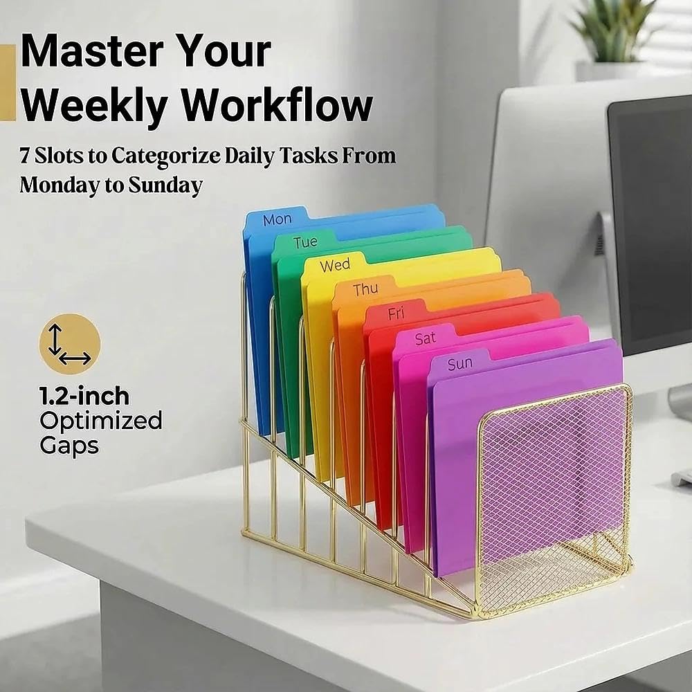 Simmer Stone Gold Desk Organizer 7 Slot Inclined Vertical File Folder Holder Sorter with Mesh Front