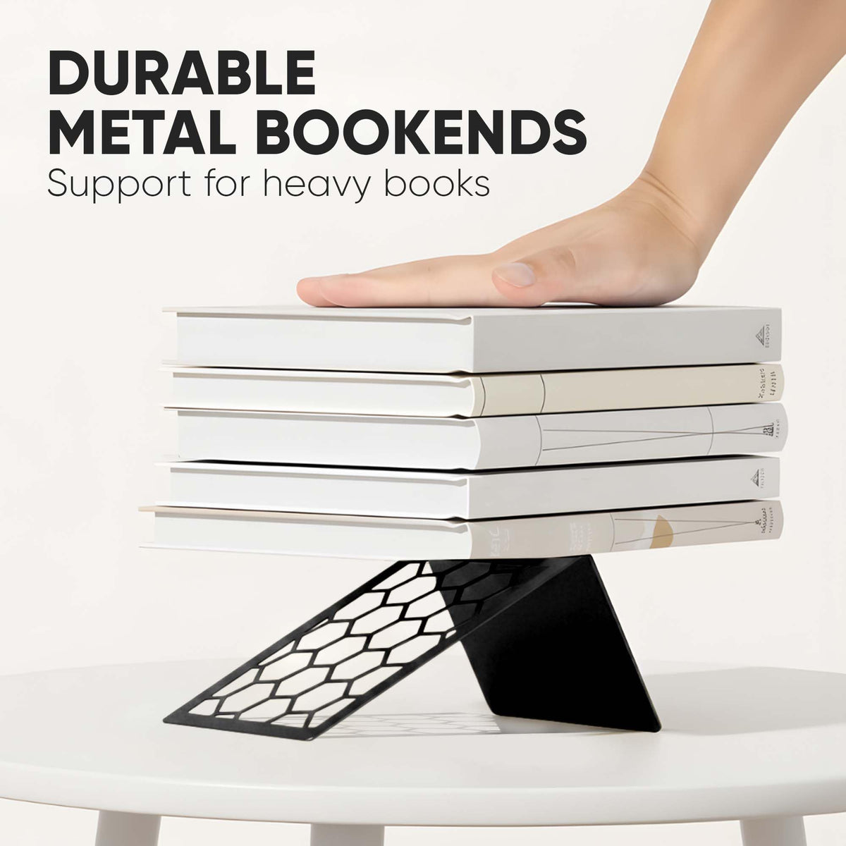 GEOMOD Premium Geometric Black Honeycomb Bookends for Shelves, Metal Book Ends Office, L-Shaped