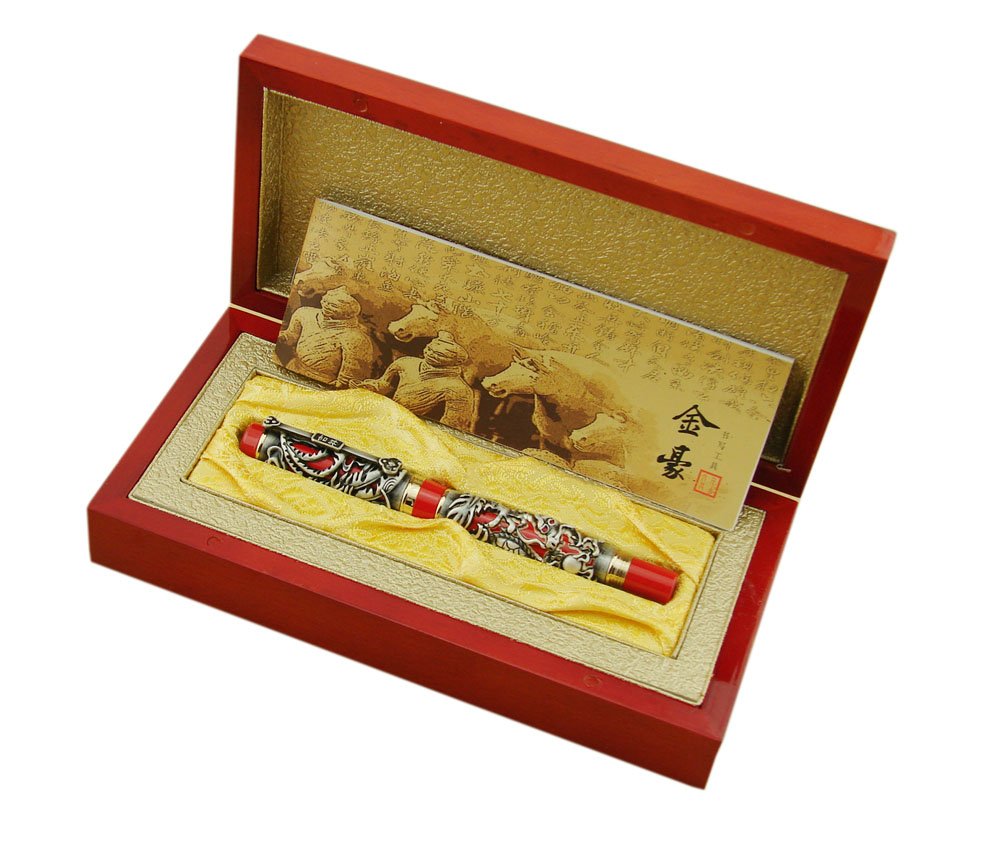 Jinhao Dragon Phoenix 3D Embossment Gray Red Fountain Pen Fine Nib Chinese Ruyi Clip Wooden Gift Box