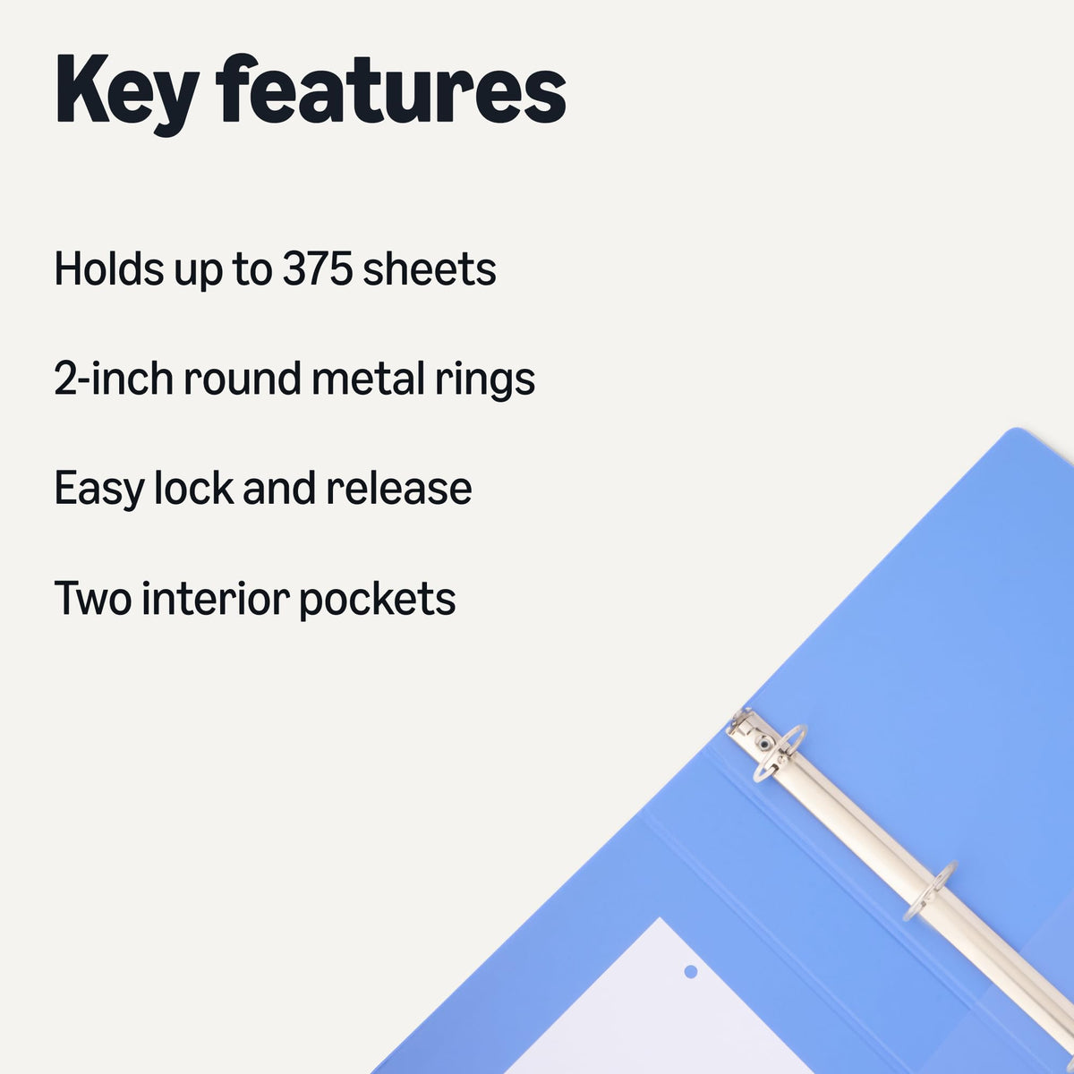 Amazon Basics 3 Ring Binder, 2 inch Round Rings, Holds 375 Sheets, Two Interior Pockets, Assorted