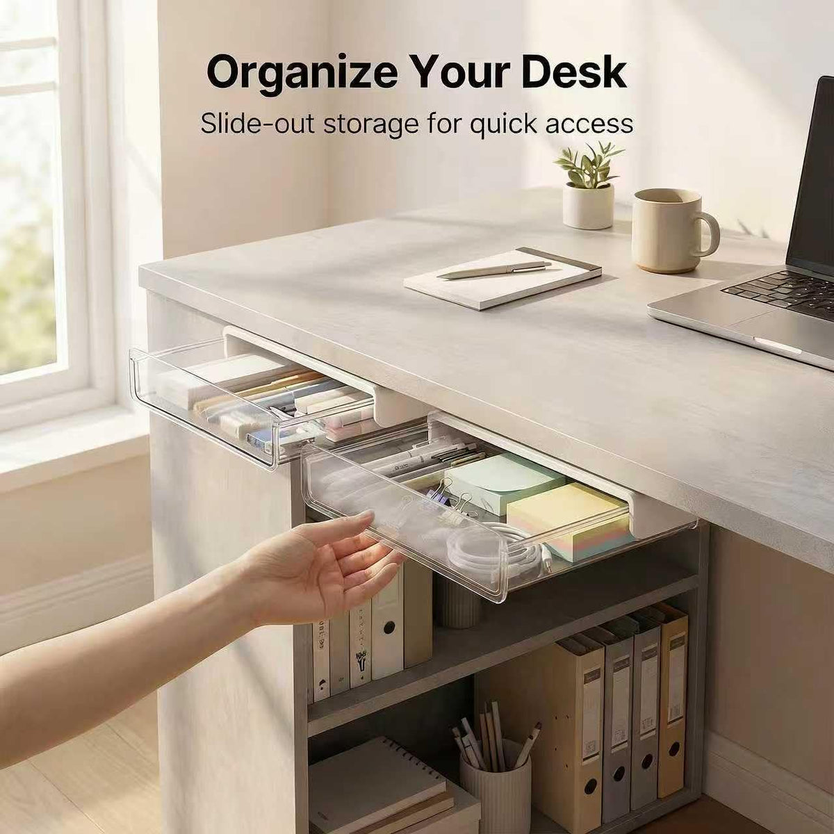 OSPNIEEK Self-adhesive Under Desk Drawer Organizer, 2 Pack Table Hidden Slide Out Large Storage
