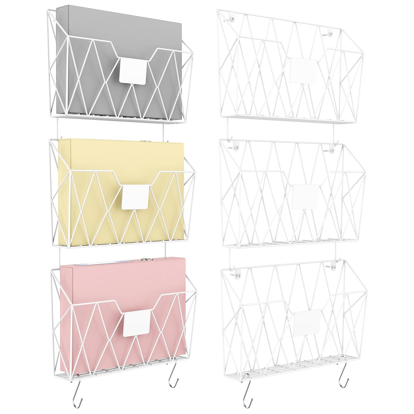 YBING Wall File Organizer 6 Pack Mesh Wire Hanging File Holder, White