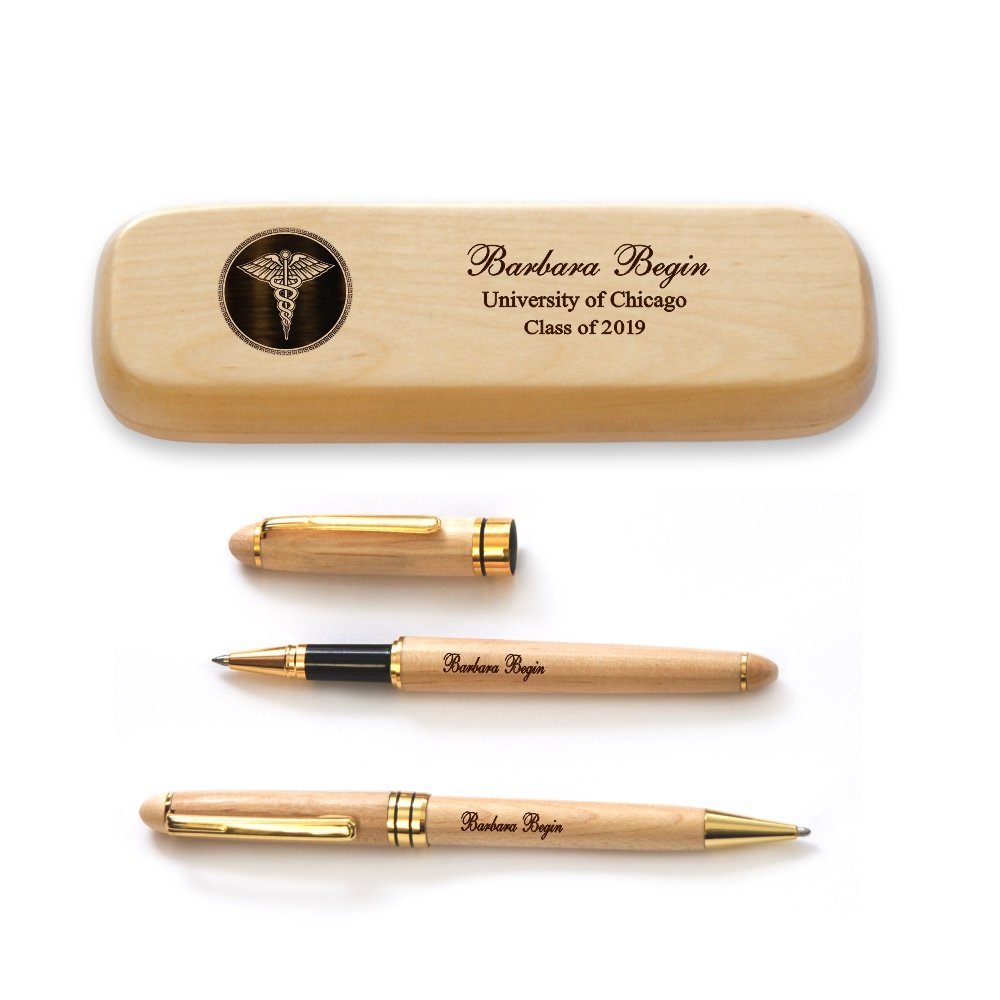Personalized Solid Maple Wood Graduation Pen Set for Doctor