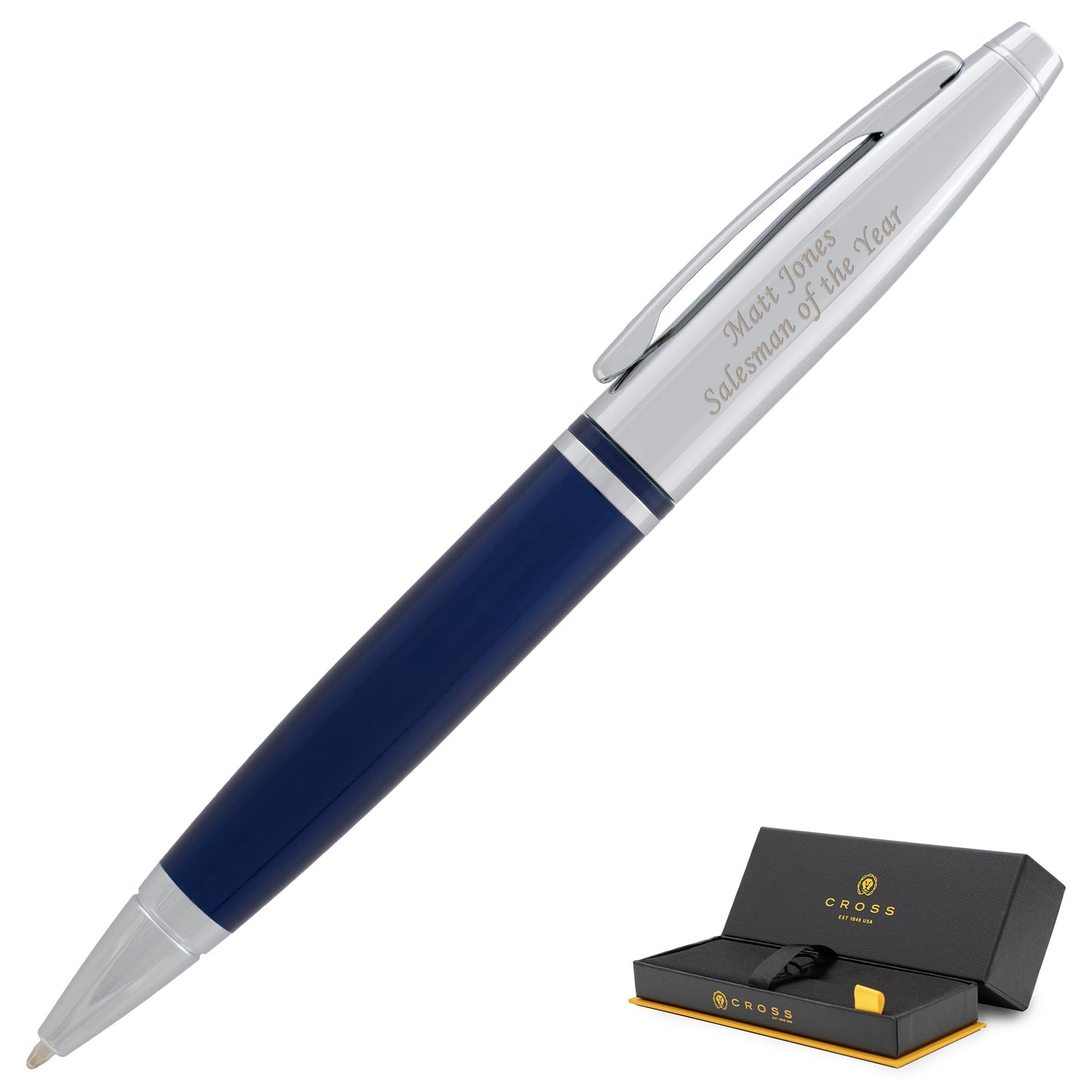 Cross Calais Personalized Ballpoint Pen in Blue Lacquer with Chrome, 2 Line