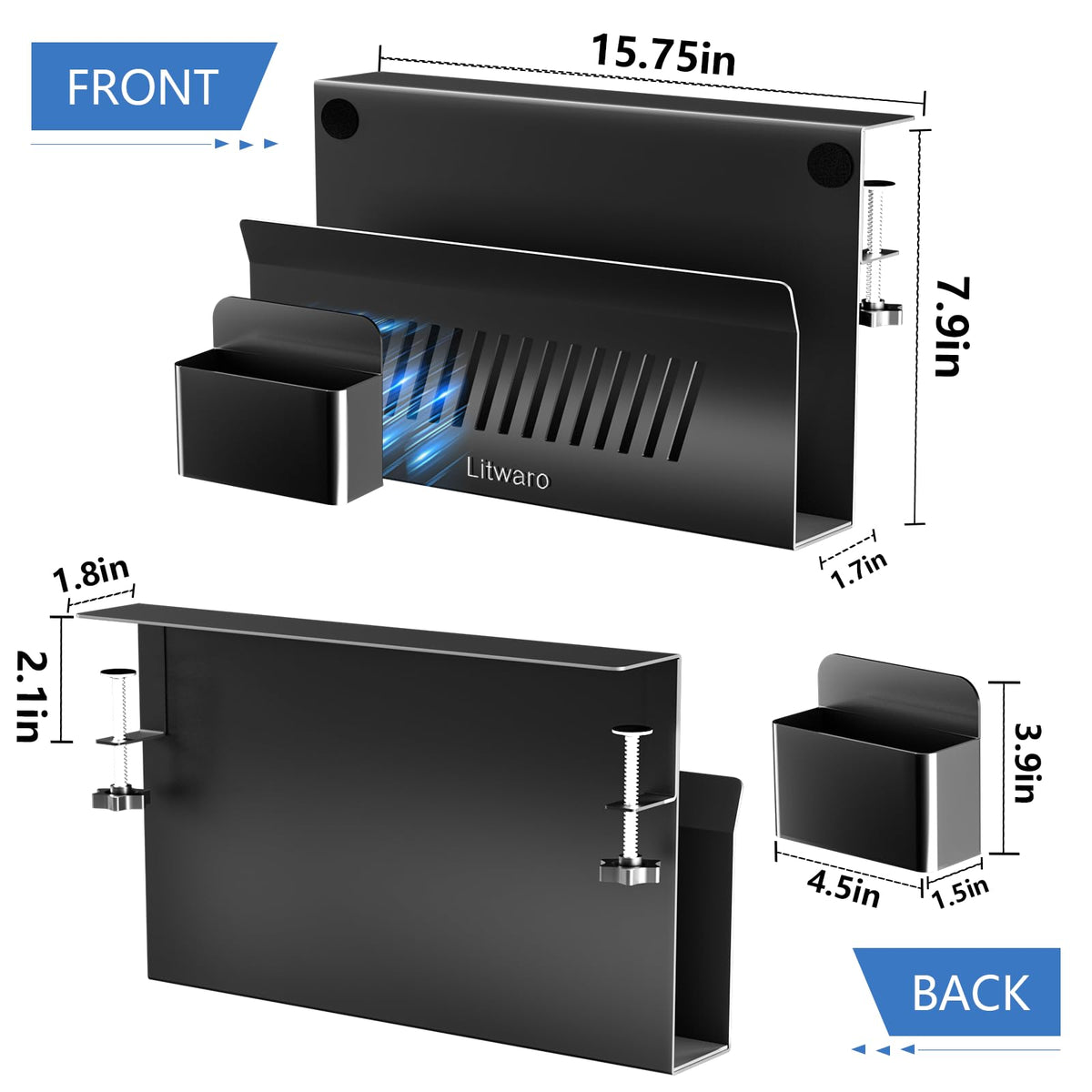 Litwaro Desk Side Storage Organizer, No Drill Laptop Holder Clamp on Desk Shelf with Magnetic Pen