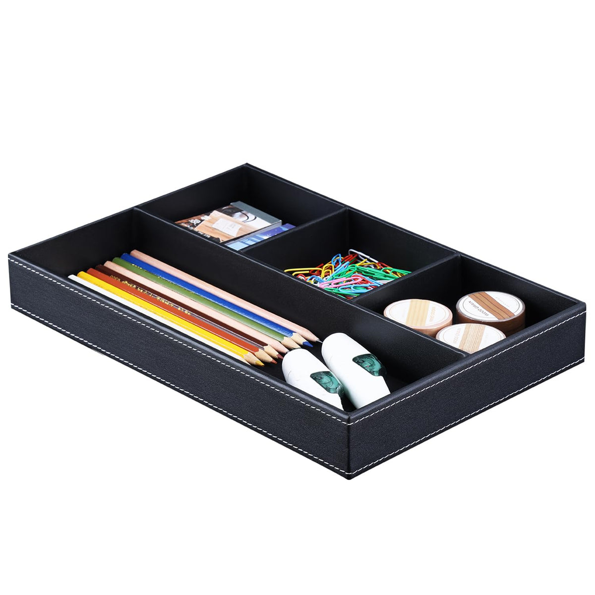 KINGFOM Pu Leather Desk Organizer Tray, 4 Compartment Office Storage Supplies Stationery Drawer