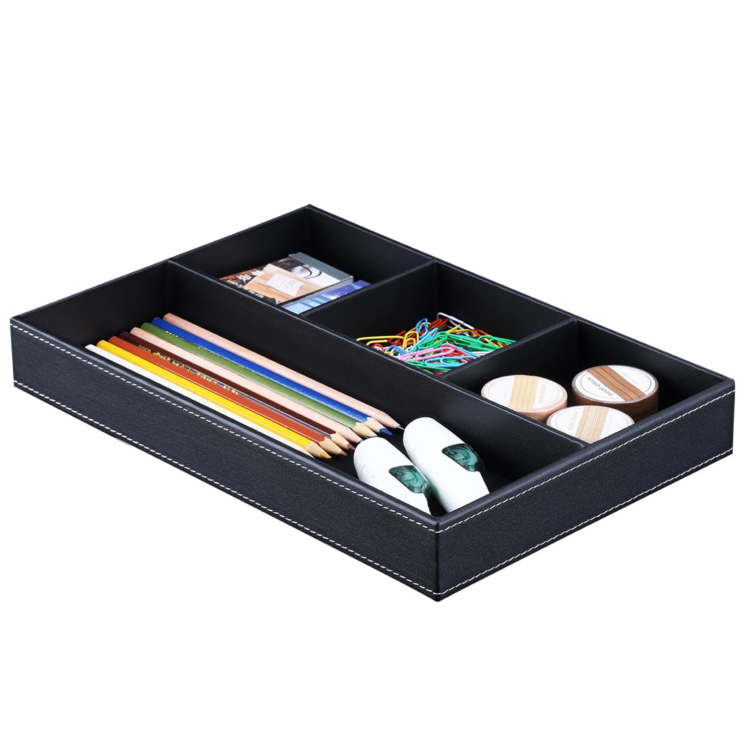 KINGFOM Pu Leather Desk Organizer Tray, 4 Compartment Office Storage Supplies Stationery Drawer