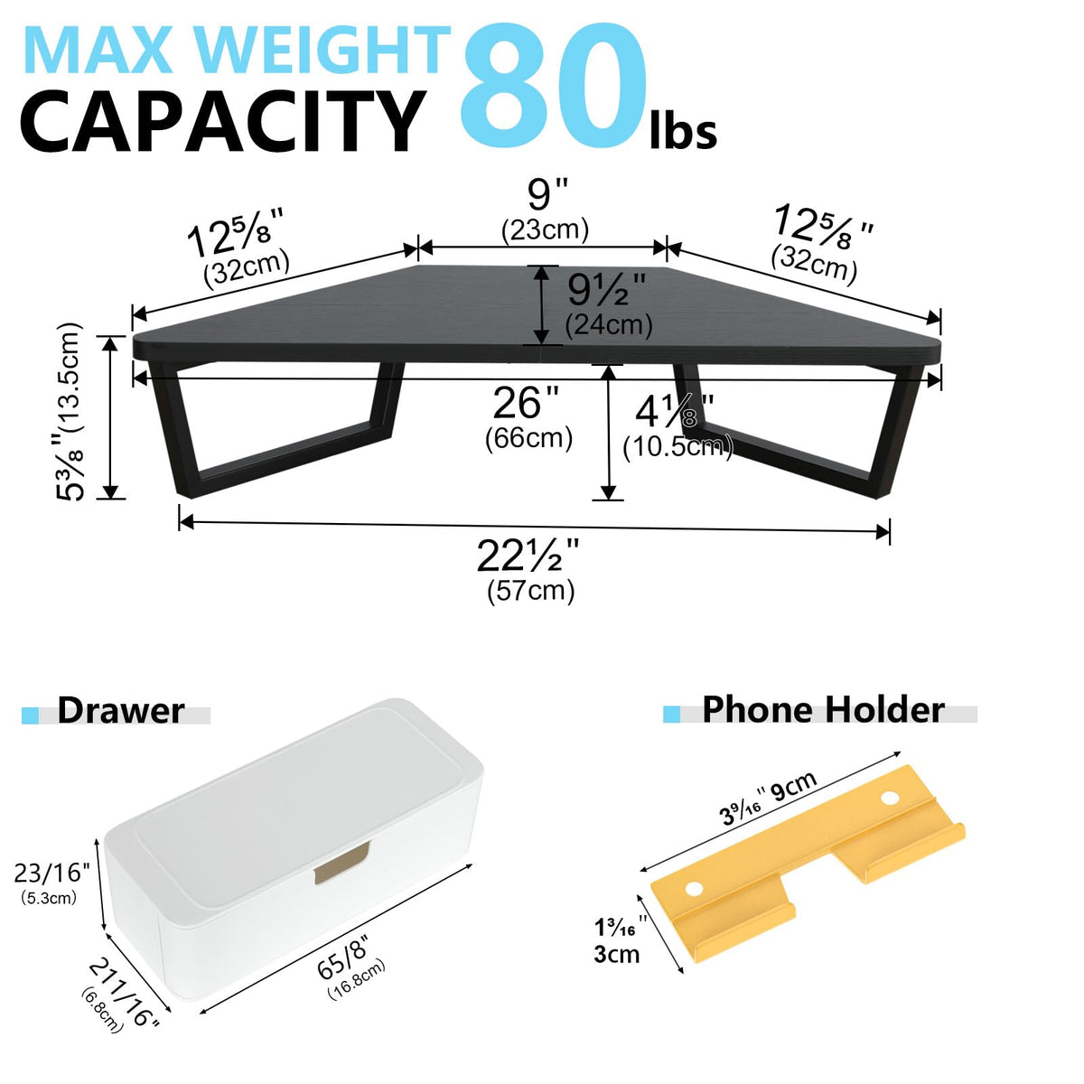 TEAMIX Corner Monitor Stand with Drawer and Phone Holder, 26x12.6x5.3in