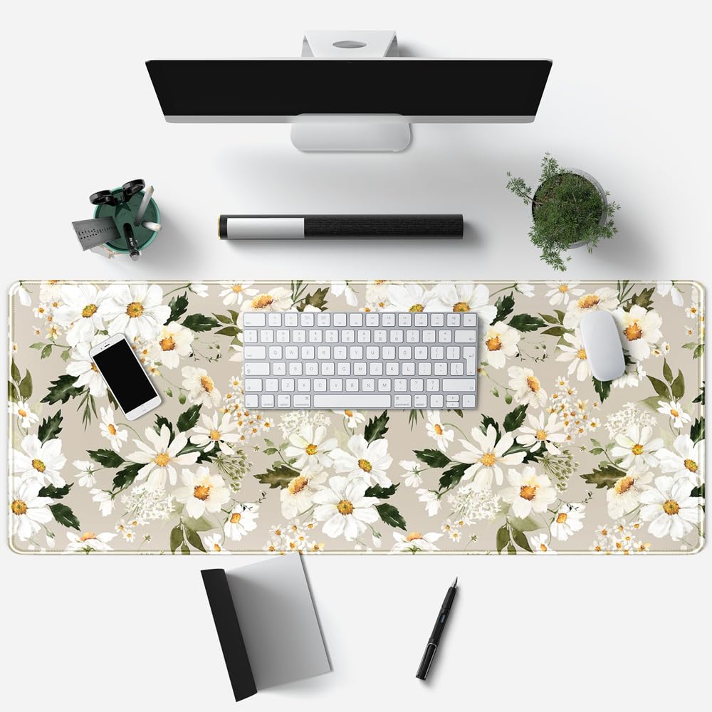 Daisy Floral Daisies Large Mouse Pad Watercolor Flowers Desk Mat, Washable Mousepad LYC Cloth