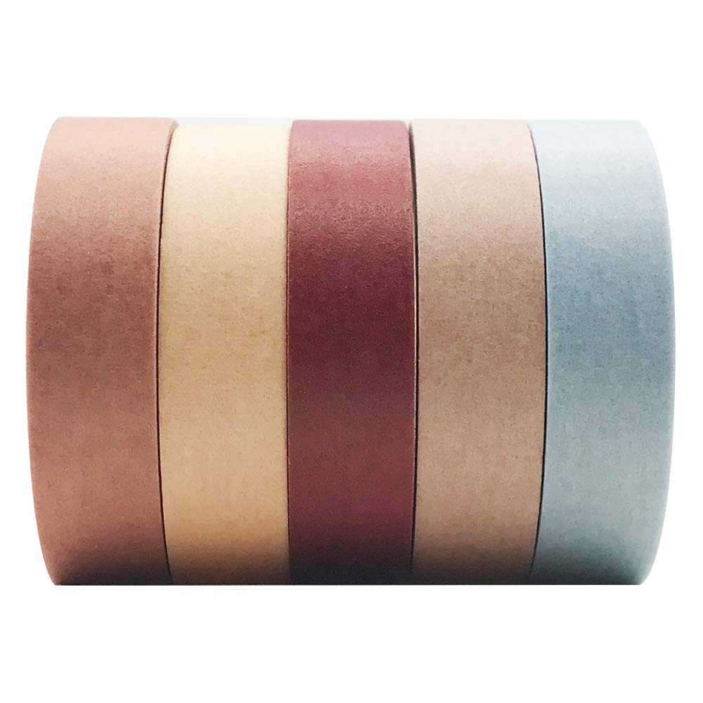 EnYan Solid Color Washi Tapes Set, 5 Rolls Basic Collection Decoration 10mm Wide Japanese Masking