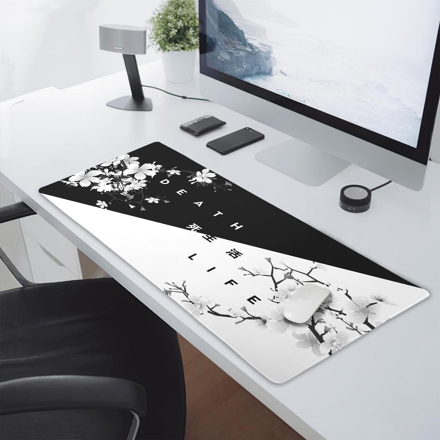 aportt Black White Cherry Blossom Mouse Pad Large Japanese Sakura Death Life Desk Mat 60x35 cm
