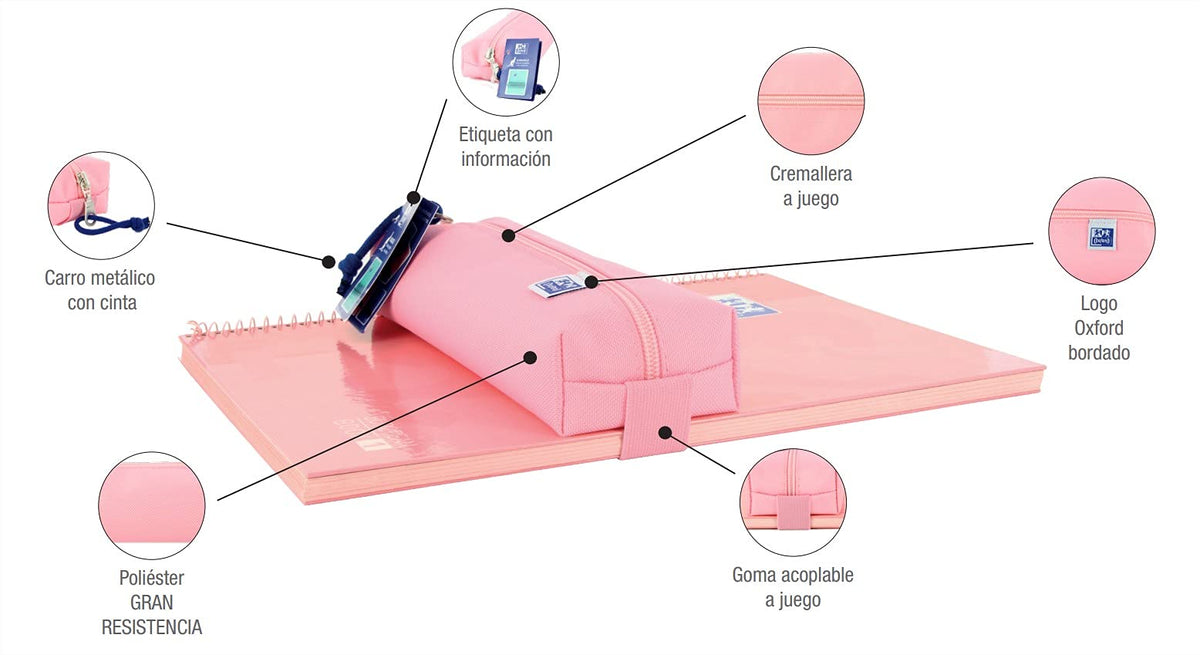 Oxford, Rectangular Pencil Case Kangoo with Rubber 22cm Pink