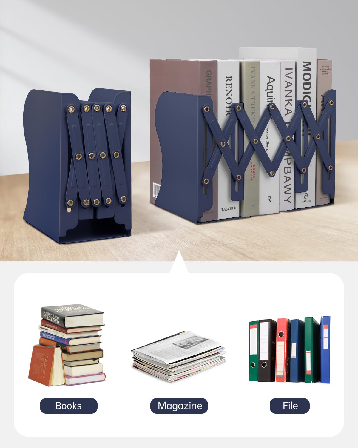 Honagu Adjustable Bookends, Metal Book Ends for Shelves Heavy Book, Desk Magazine File Organizer
