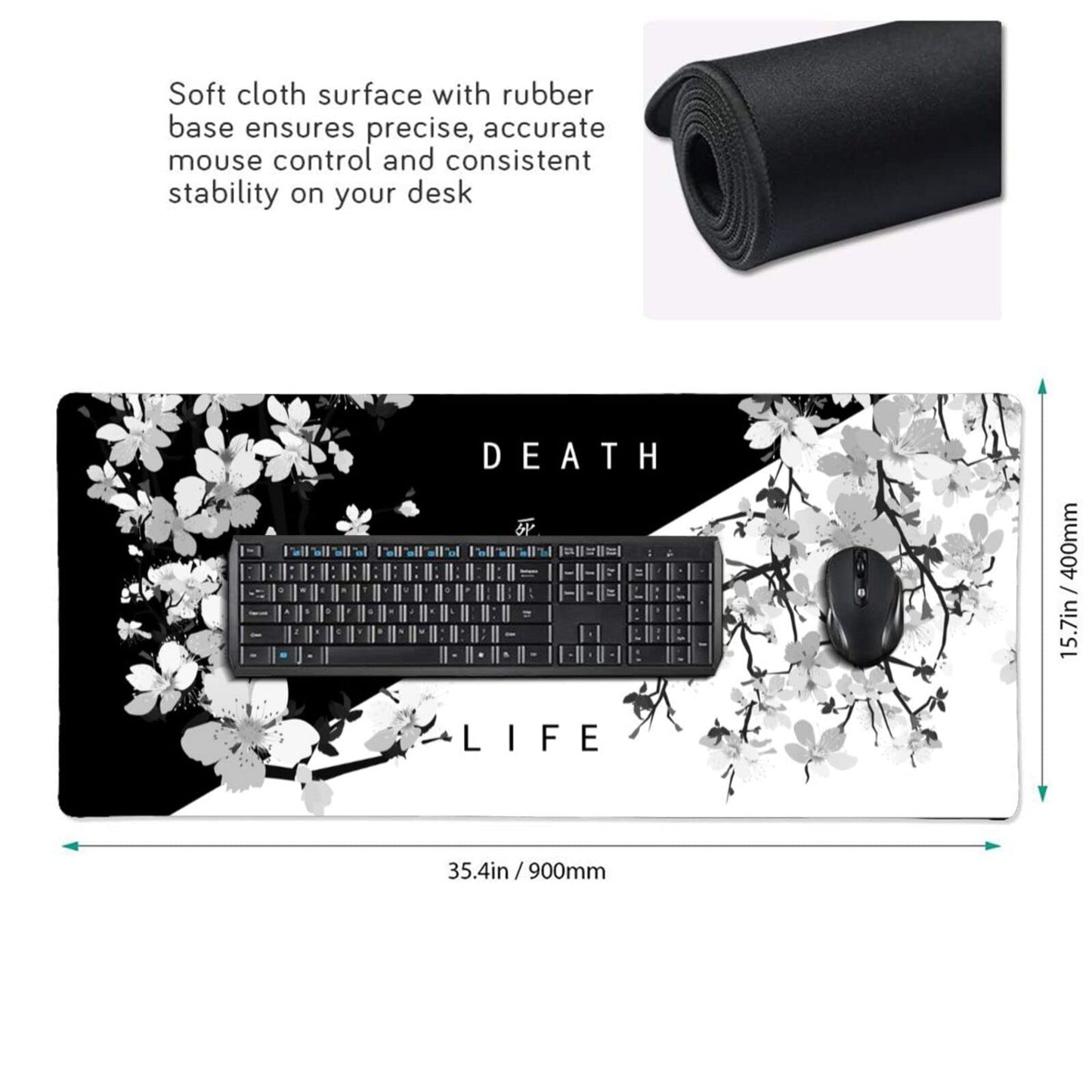 Black White Japanese Mouse Pad 35.4 X 15.7 Inch XXL Cherry Blossom Death Life Full Desk Mousepad
