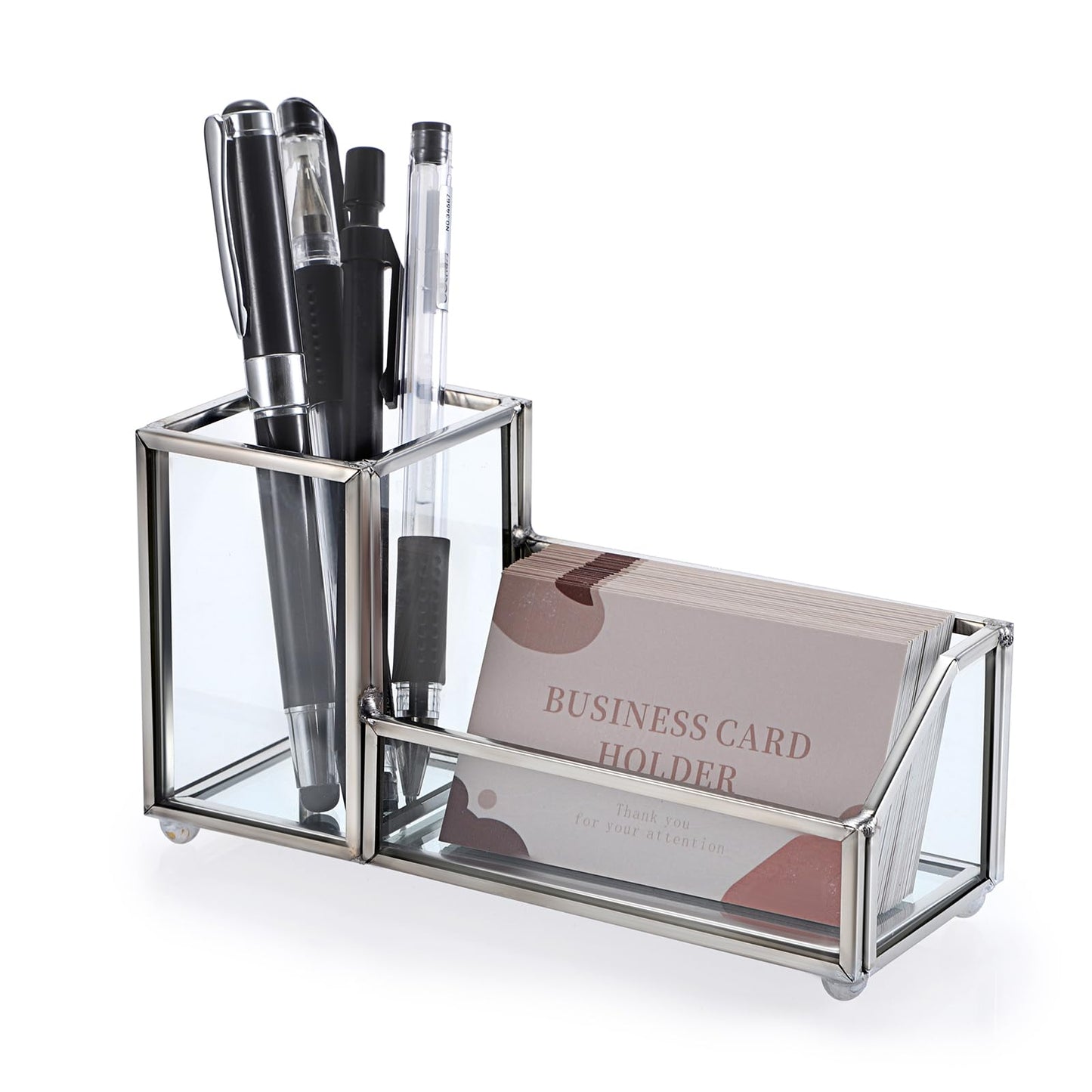 Hipiwe Glass Business Card Holder with Pen Cup for Desk, 2 Slots Silver