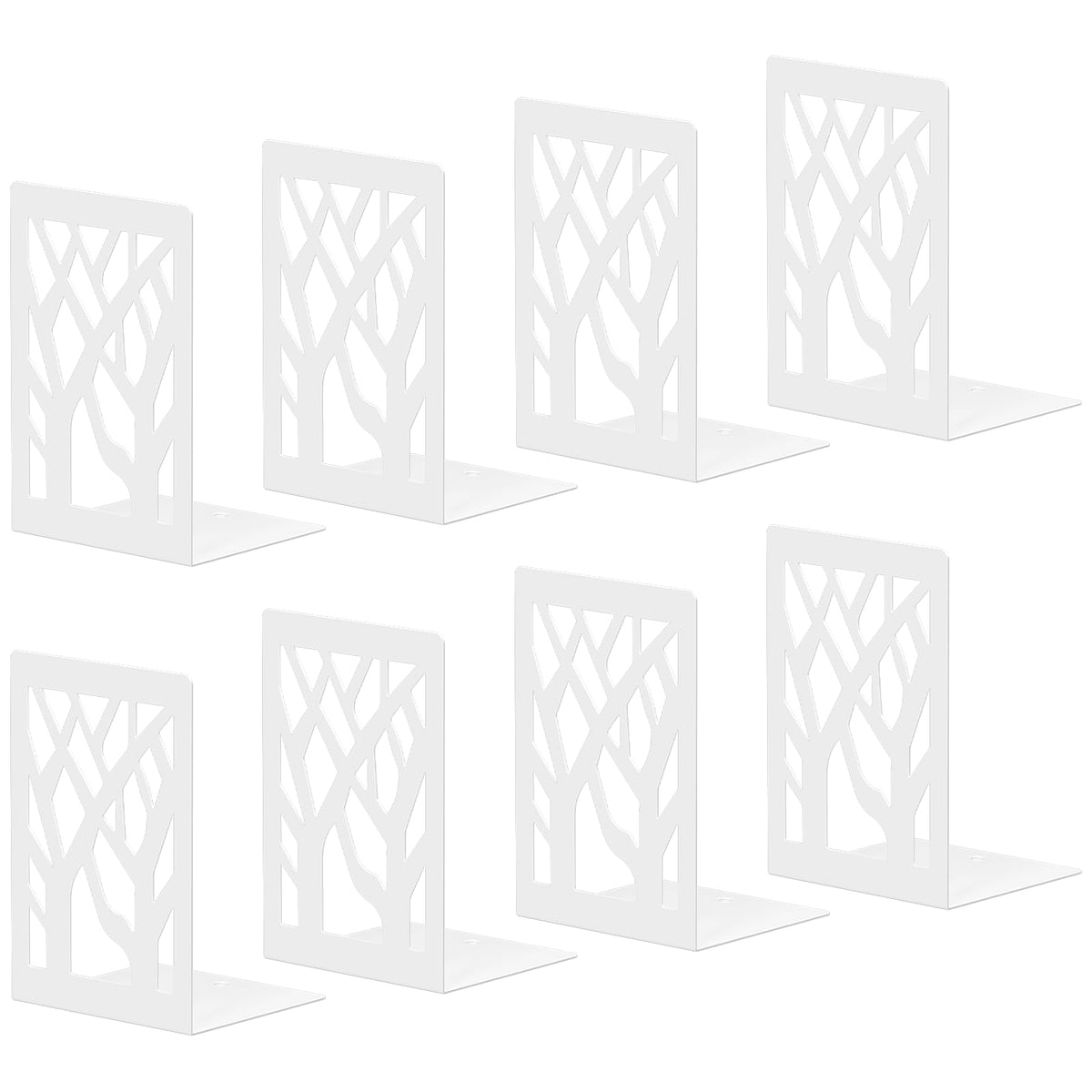 ALOTCHE White Bookends 8 Pack, Tree Design Modern Metal Bookends for Shelves, Unique Tree Book Ends